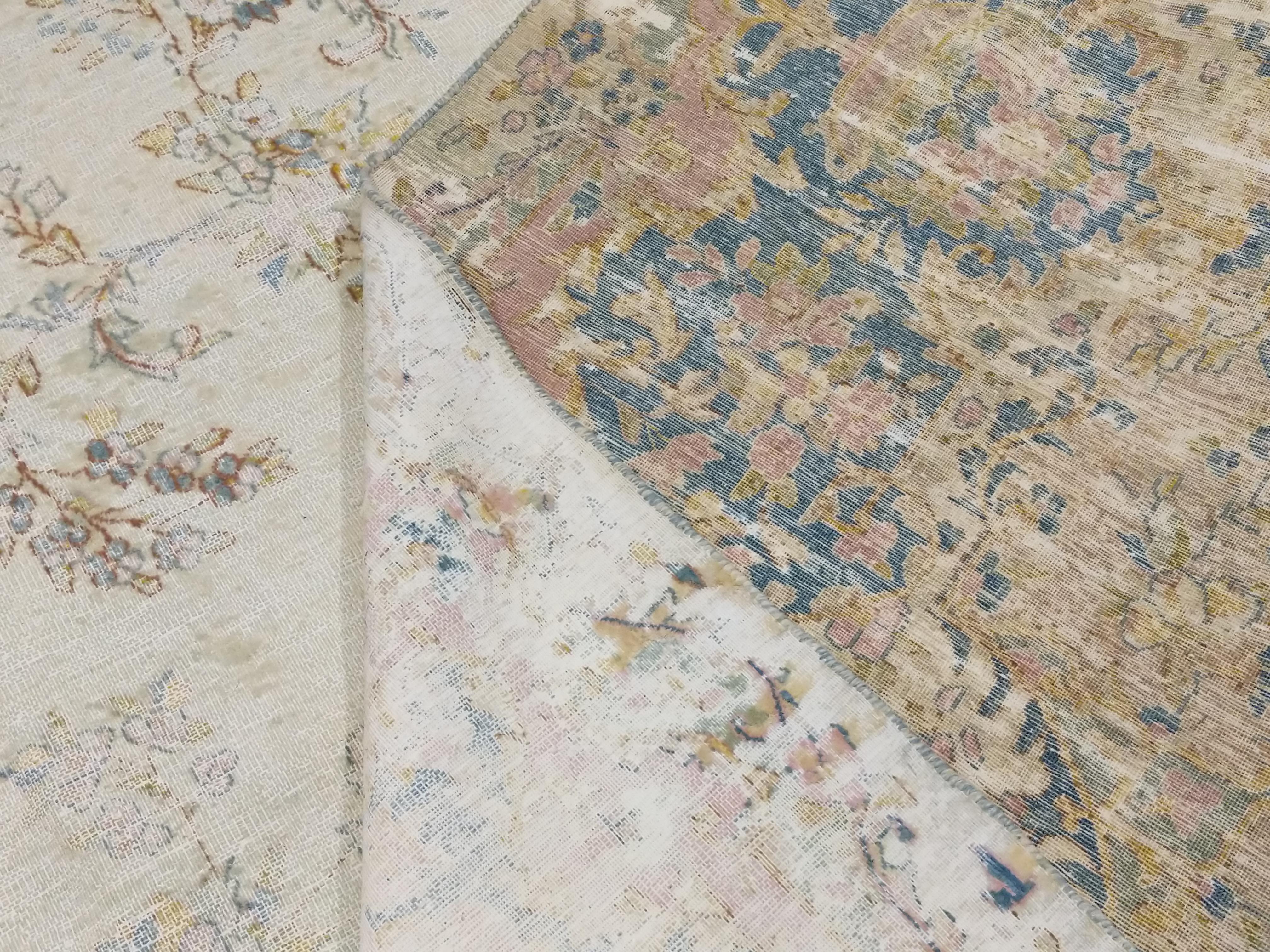 Antique Distressed Soft Coloured Botanical Design Decorative Carpet For Sale 1
