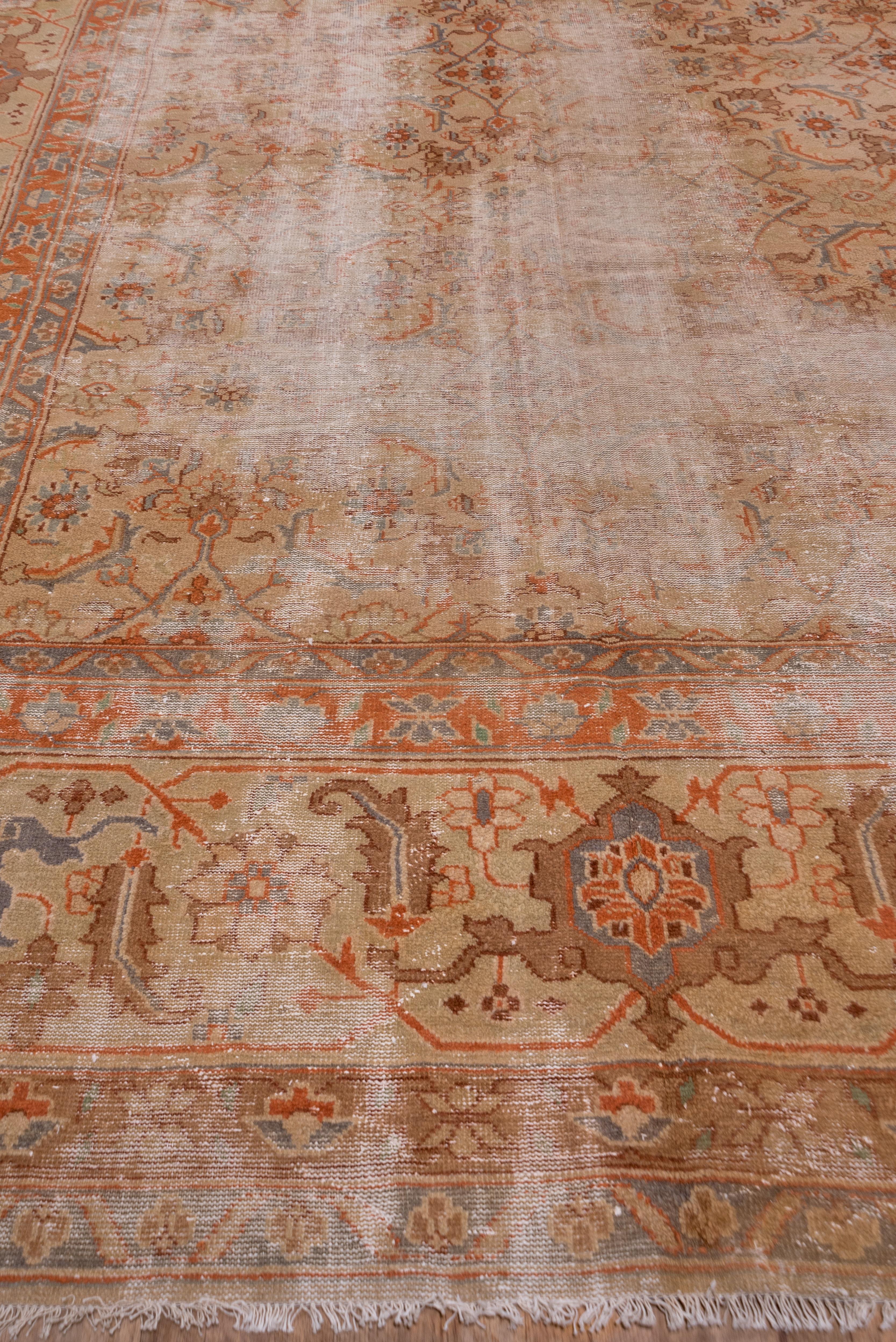 Dieser nordindische Teppich zeigt die Reste eines großformatigen Herati-Musters auf beigefarbenem Grund in einer Strohbordüre aus kühn gezeichneten, einfachen Schildkrötenpalmetten. Die Wolle ist trocken und die Bindung sehr grob. Das Muster ist auf