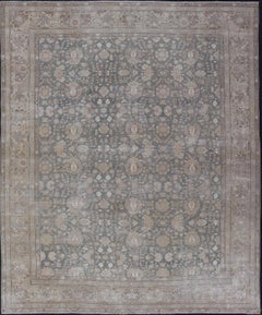 Antique Distressed Tabriz Rug in Teal , Light Brown, Taupe  9'8 x 12'