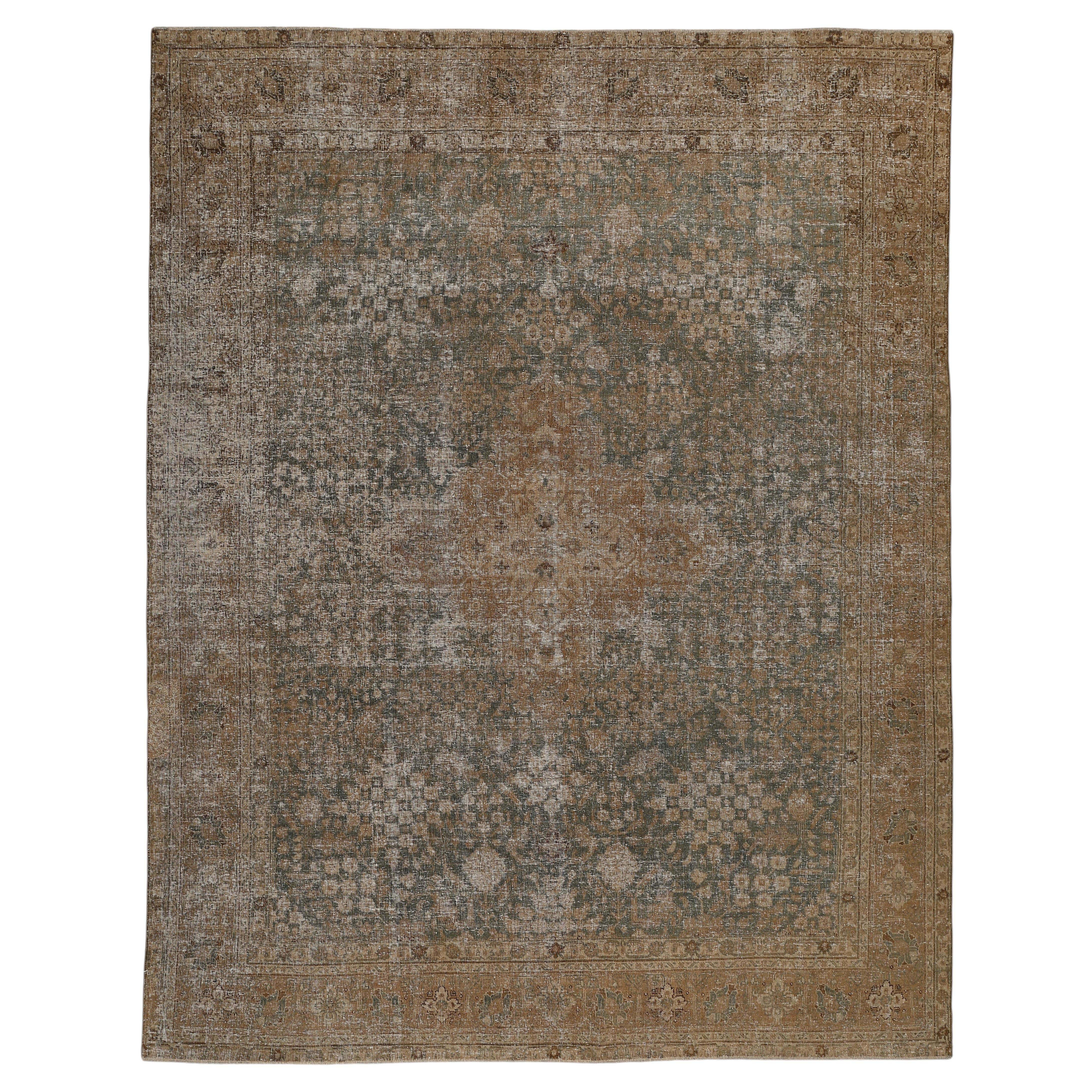 Antique Distressed Teal Green Tabriz Carpet