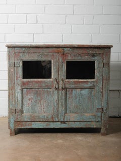 Distressed Teal & Red Painted Sideboard Glass-Front Storage Cabinet