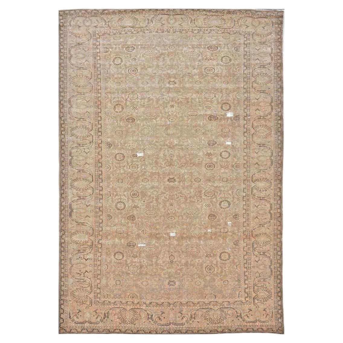 Alfombra tradicional malaya de lana, estilo antiguo y desgastado, de 9x13, en tonos beige y gris pardo, hecha a mano
