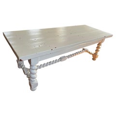 Antique Distressed White French Farm Table with Fabulous Barley Twist Base