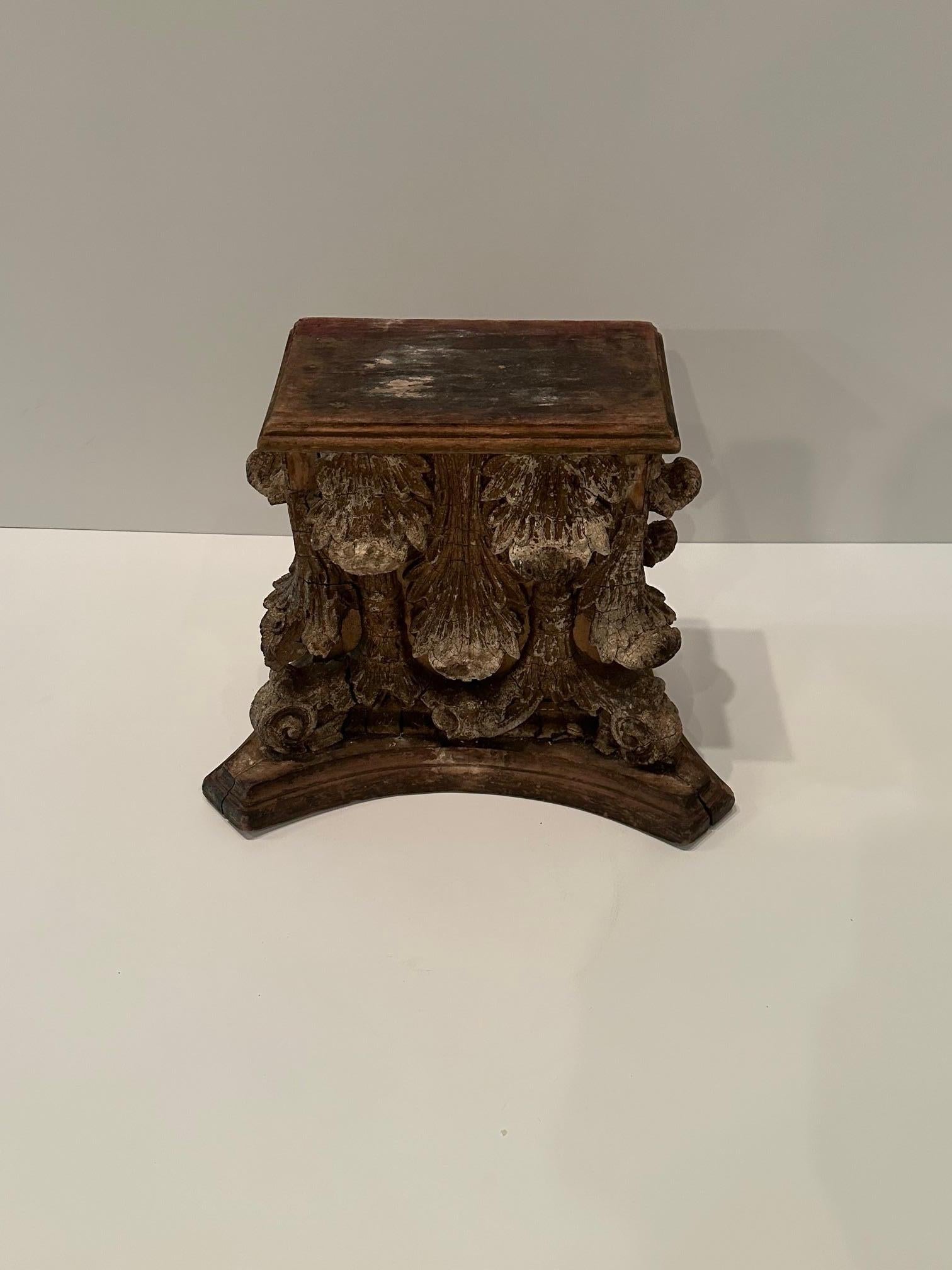 French Antique Distressed Wood Corinthian Column Fragment End Table
