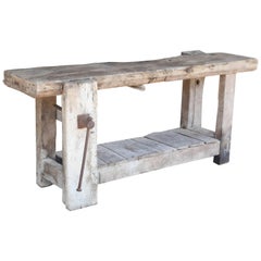 Antique Distressed Wood Worktable Console, Original Wood Vice found in France