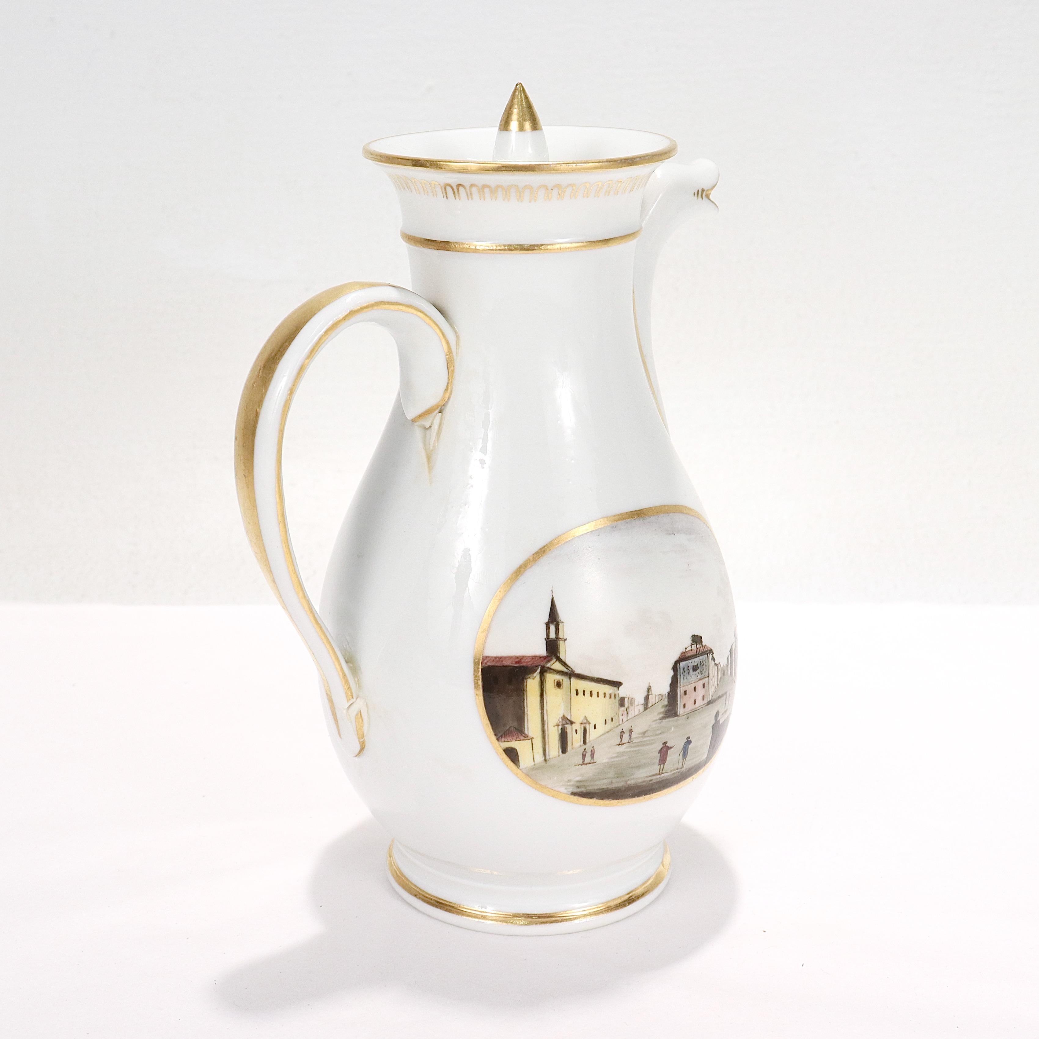 Antique Doccia Porcelain Italian Neoclassical Topographical Chocolate/Coffee Pot In Fair Condition For Sale In Philadelphia, PA