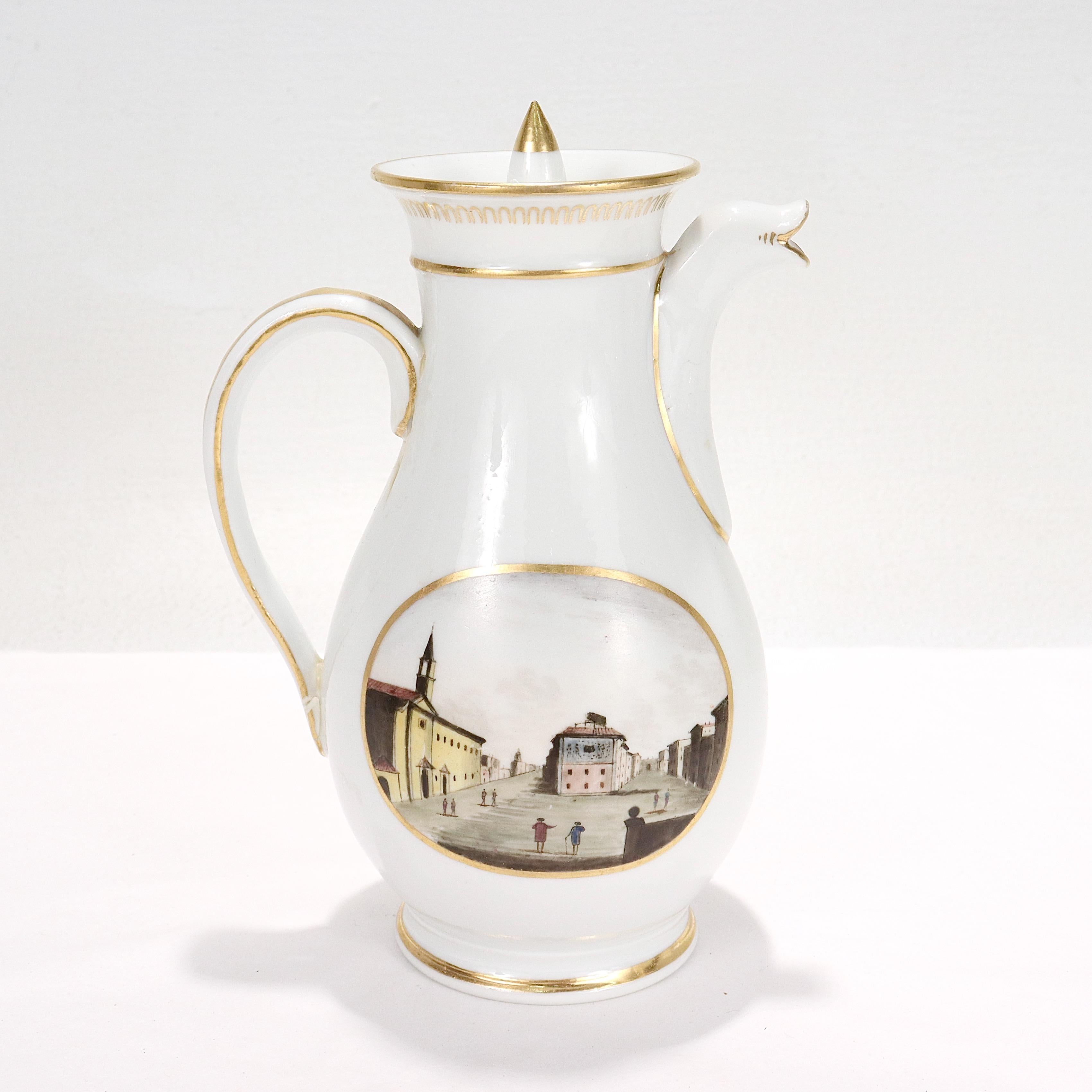 19th Century Antique Doccia Porcelain Italian Neoclassical Topographical Chocolate/Coffee Pot For Sale