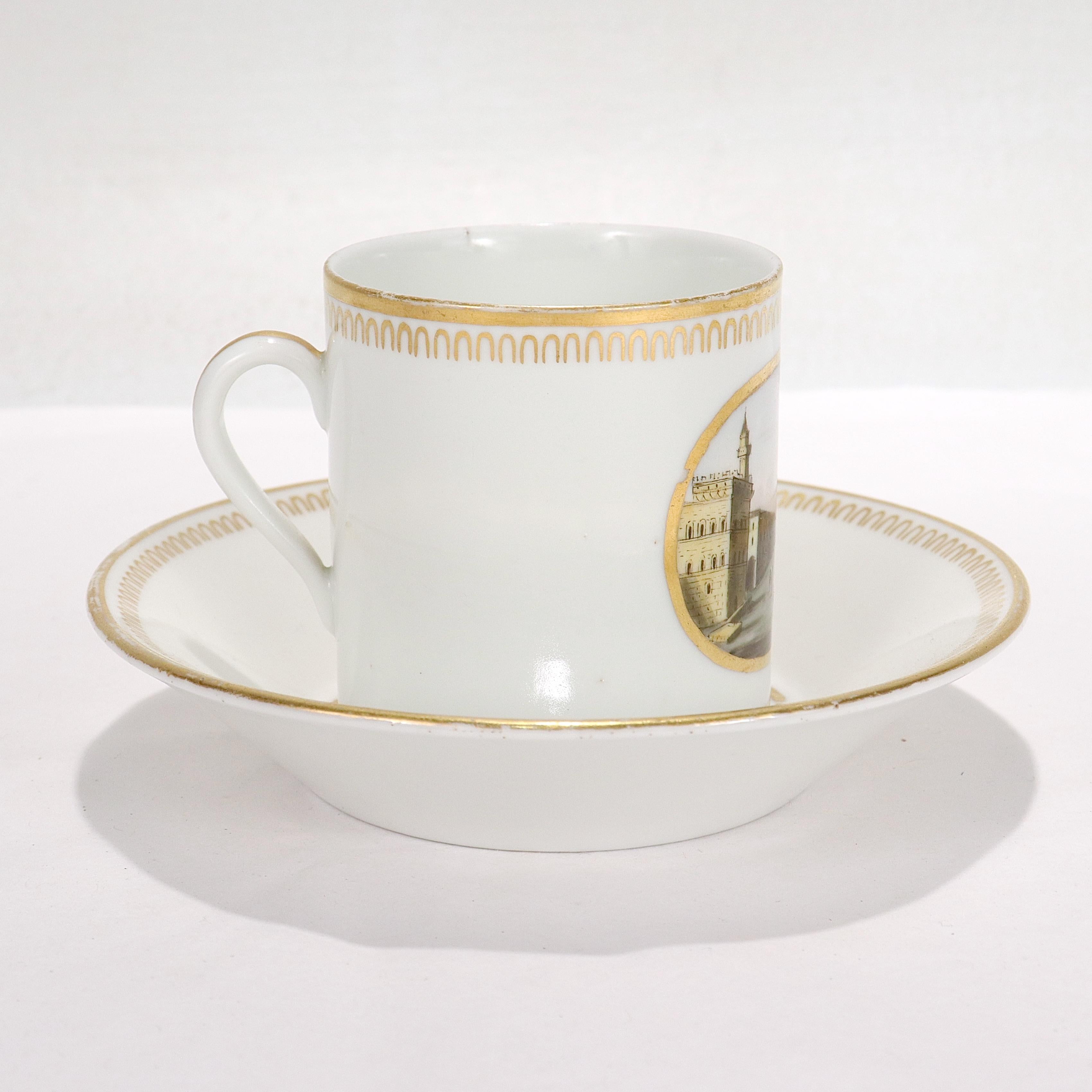 Antique Doccia Porcelain Italian Neoclassical Topographical Cup & Saucer In Good Condition For Sale In Philadelphia, PA