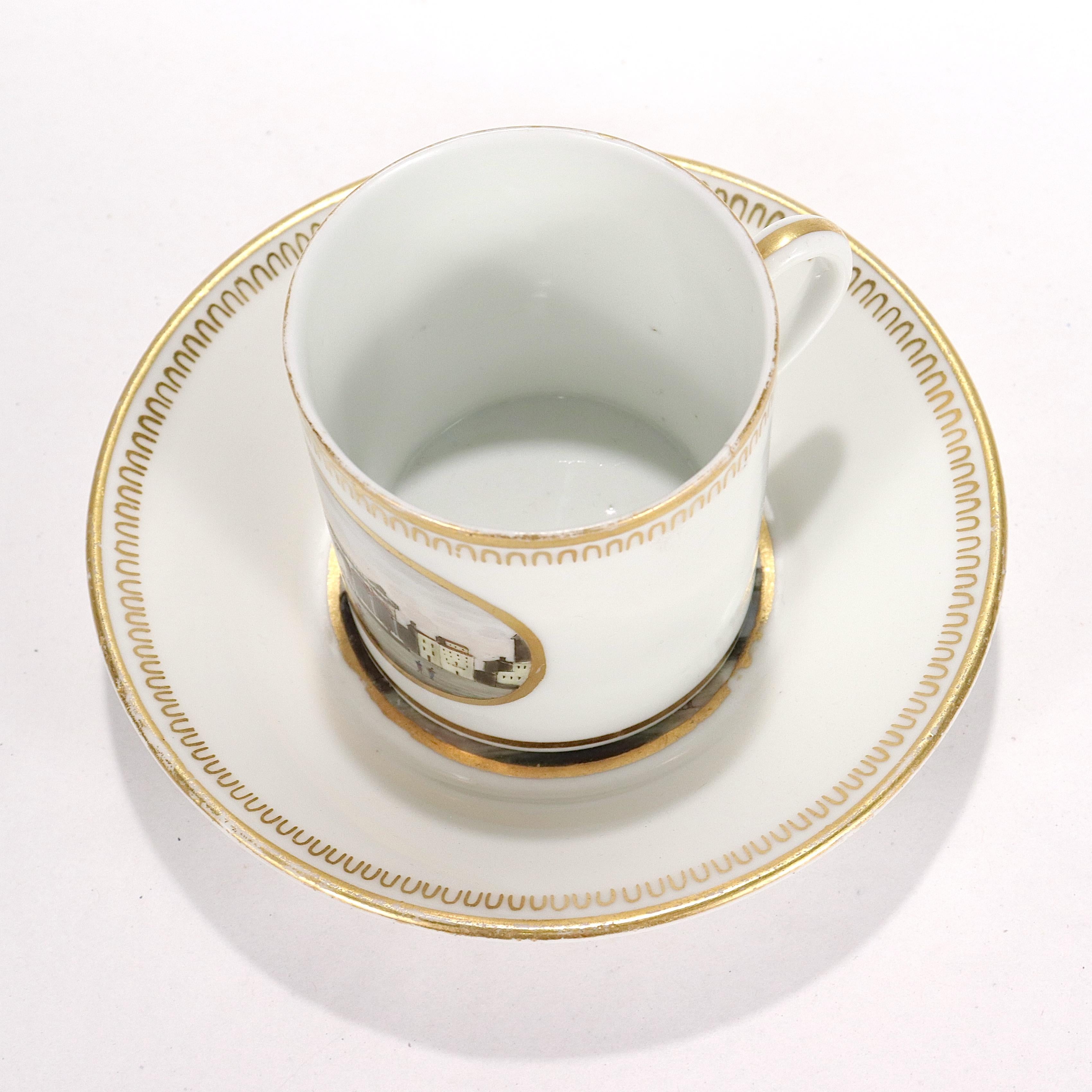 Early 19th Century Antique Doccia Porcelain Italian Neoclassical Topographical Cup & Saucer For Sale