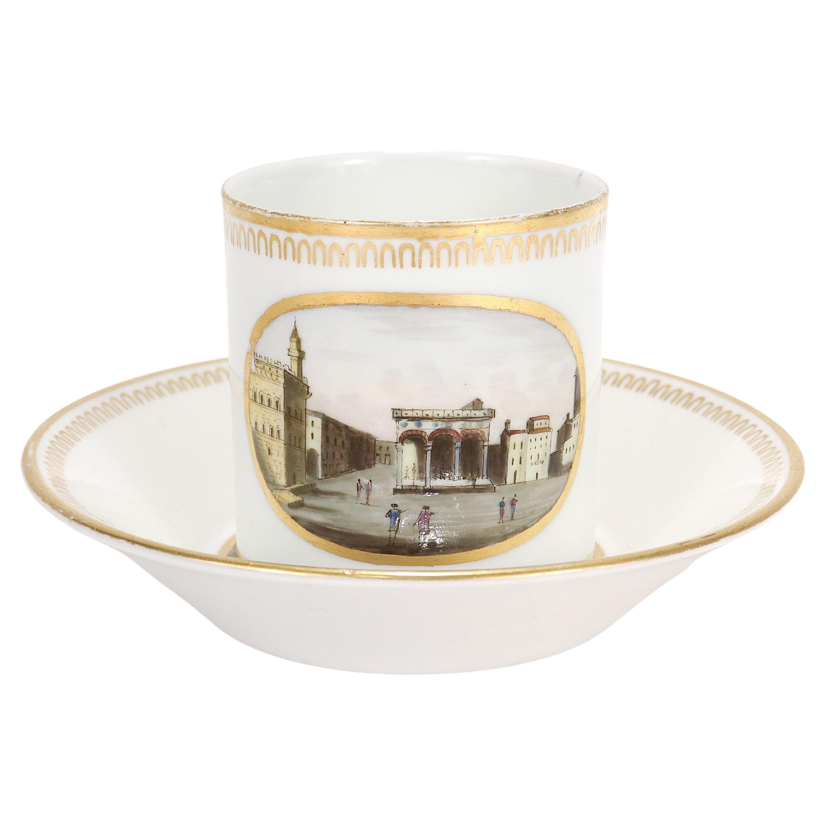 Antique Doccia Porcelain Italian Neoclassical Topographical Cup & Saucer For Sale