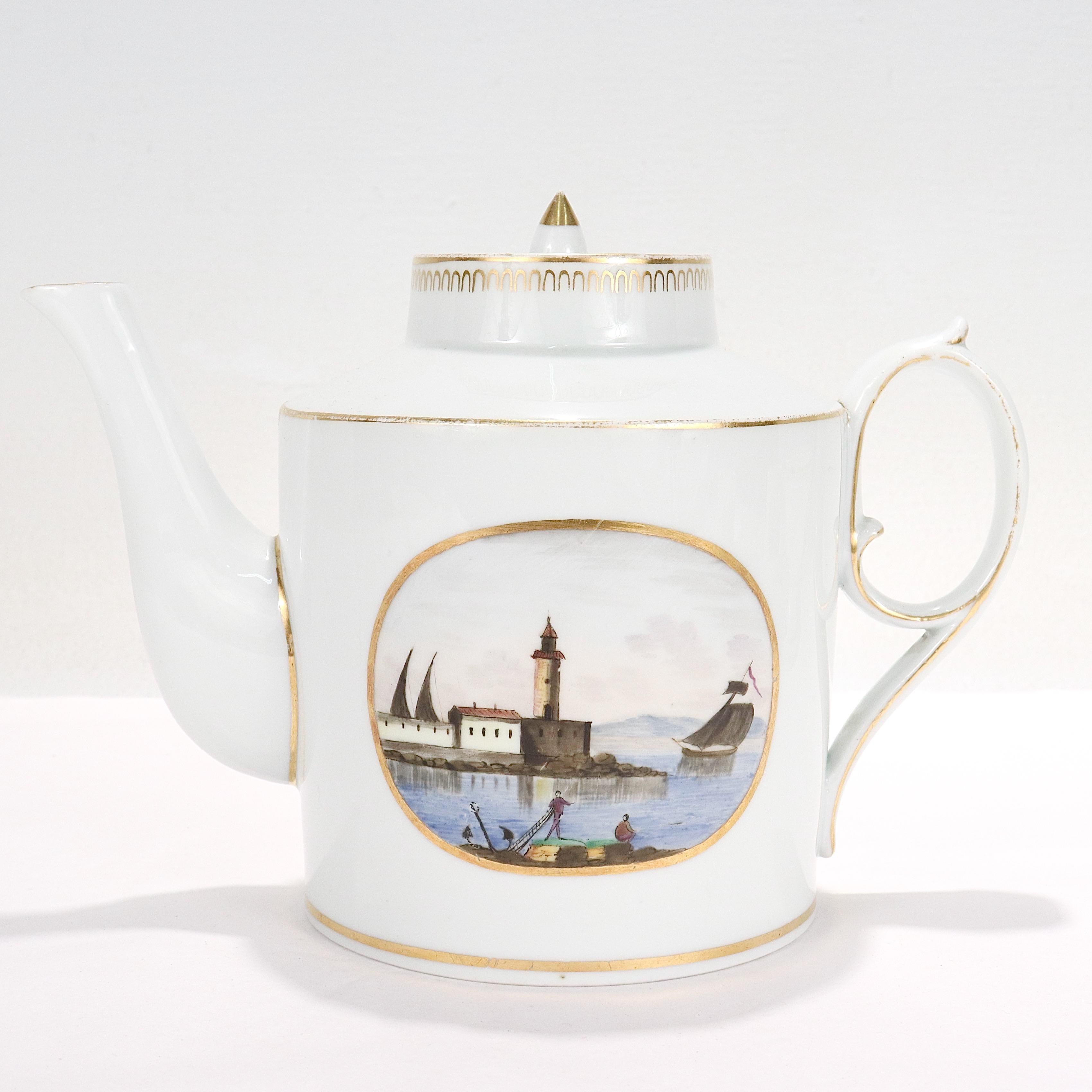 A fine antique topographical porcelain teapot.

By Doccia Porcelain Manufactory circa 1820.

With painted enamel topographical scenes: each side of the teapot depicting an unnamed harbor scene.

Decorated in polychrome enamels and gilt borders