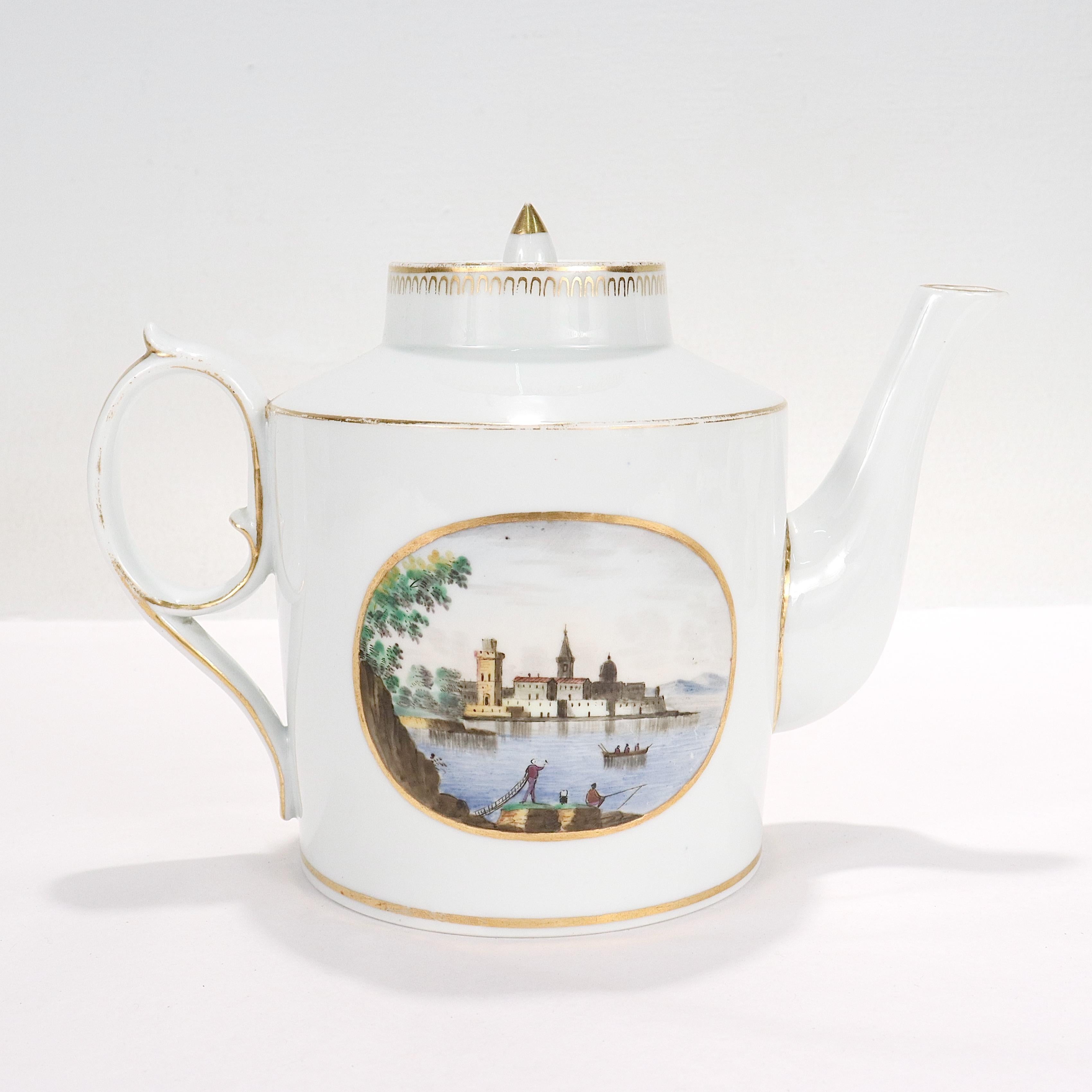 19th Century Antique Doccia Porcelain Italian Neoclassical Topographical Teapot For Sale