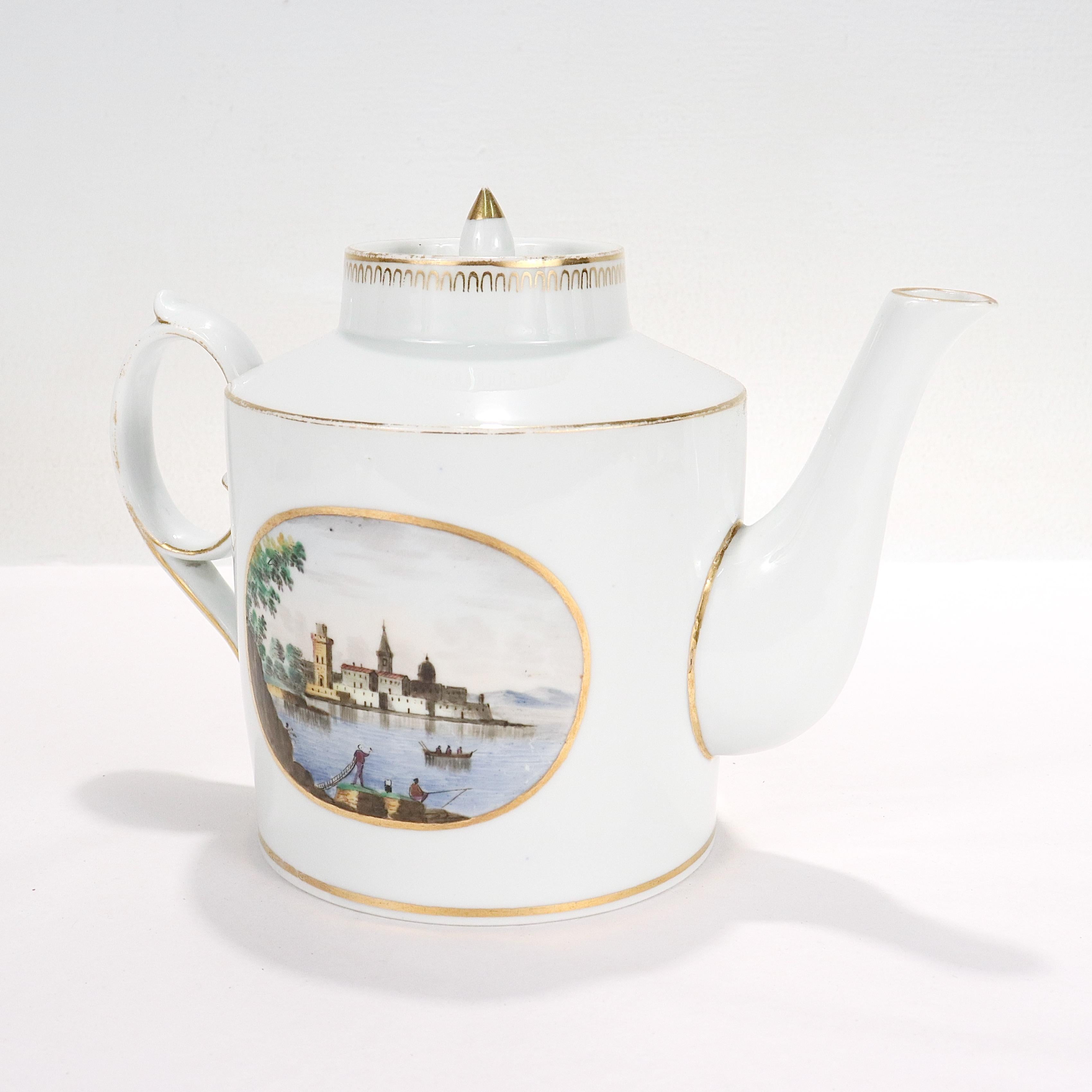 Antique Doccia Porcelain Italian Neoclassical Topographical Teapot For Sale 1