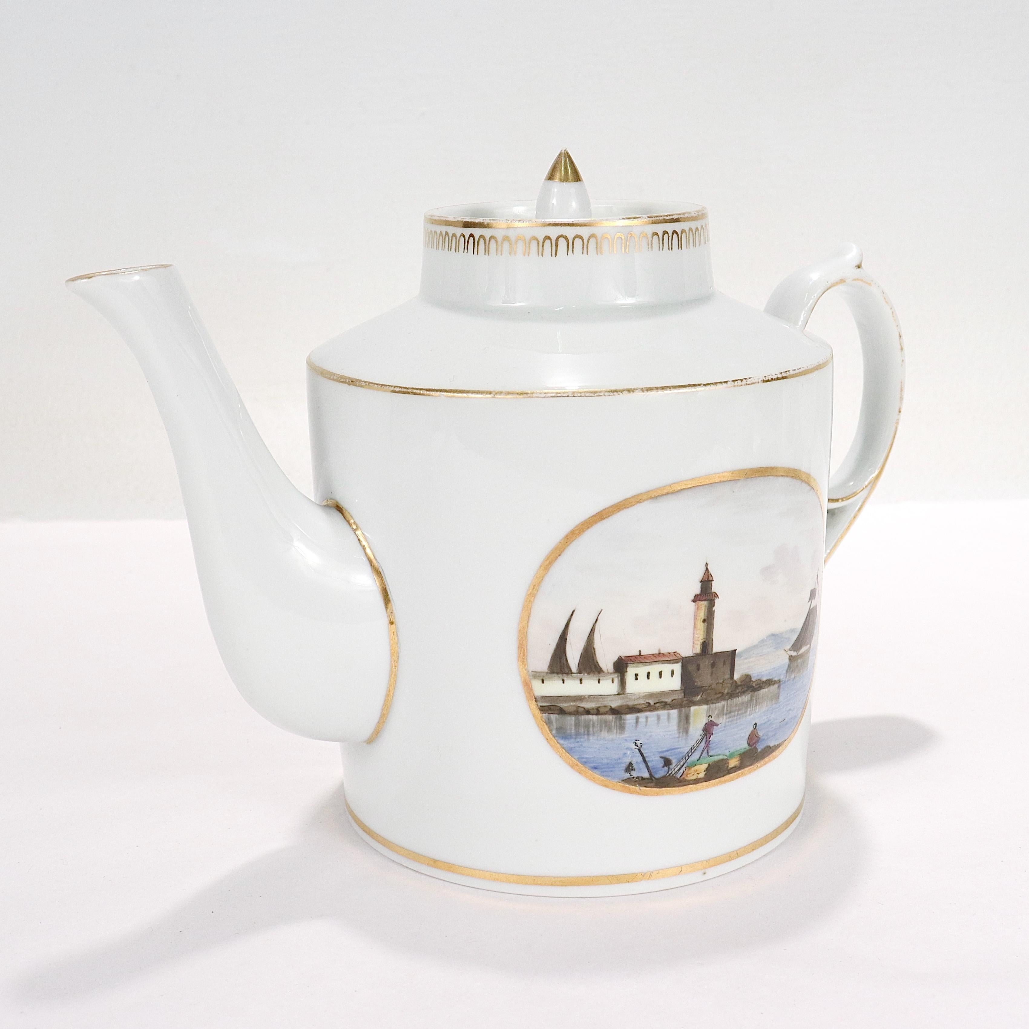 Antique Doccia Porcelain Italian Neoclassical Topographical Teapot For Sale 3