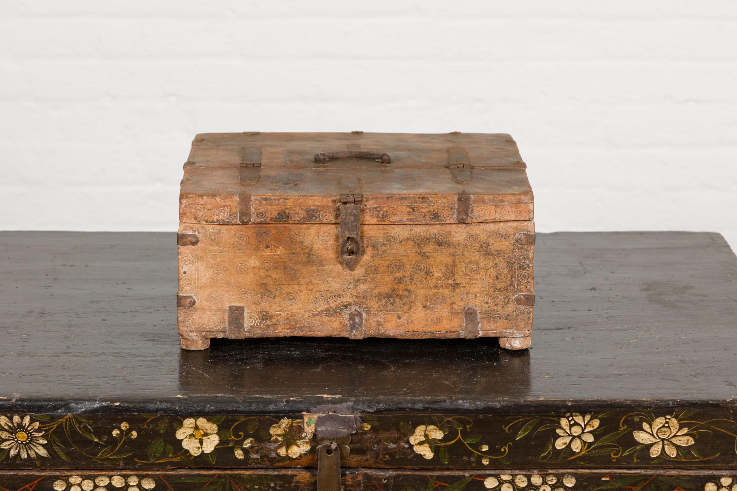 Indian Antique Document Box with Incised Concentric Motifs and Partial Opening Top For Sale