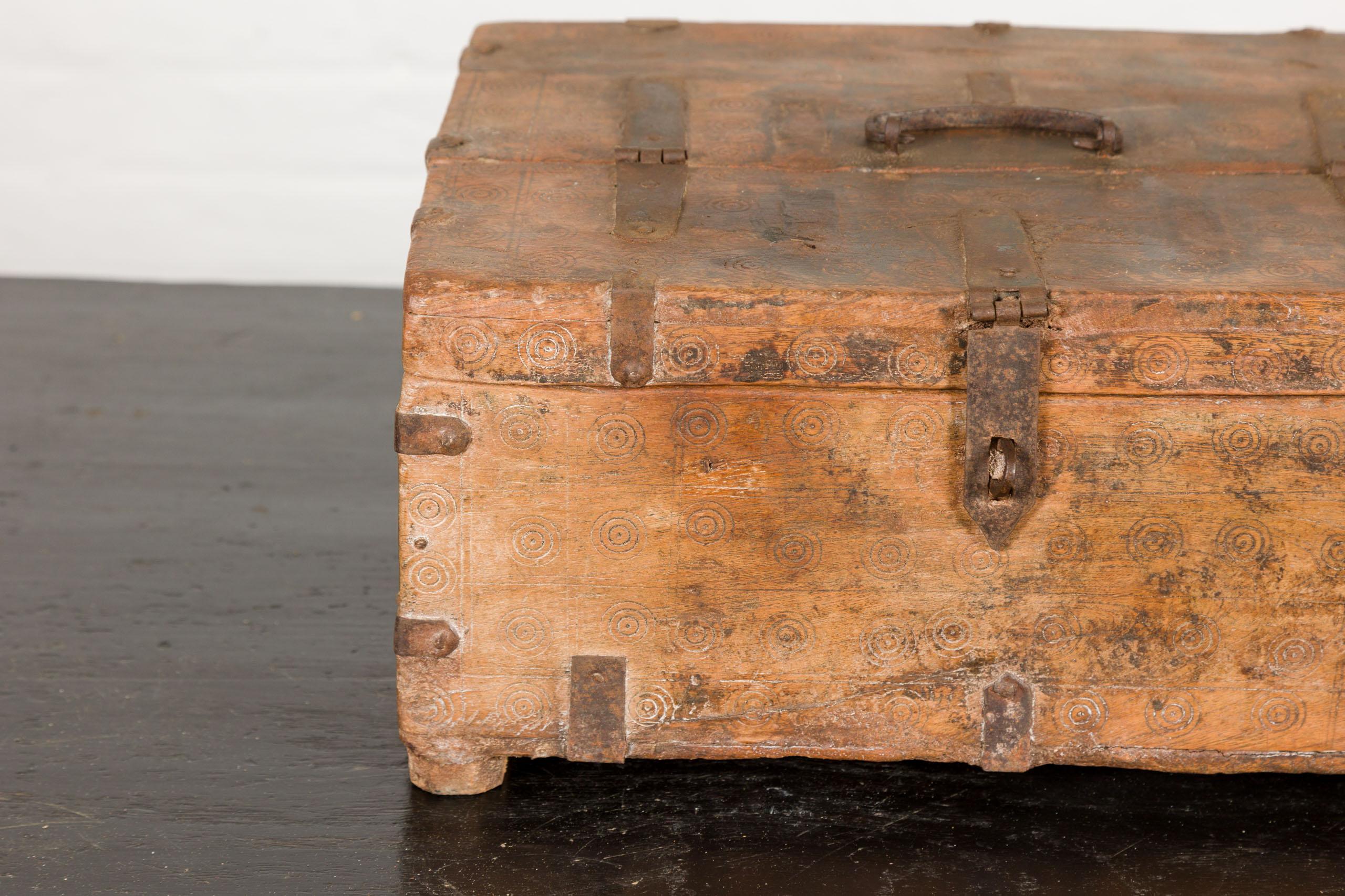 19th Century Antique Document Box with Incised Concentric Motifs and Partial Opening Top For Sale