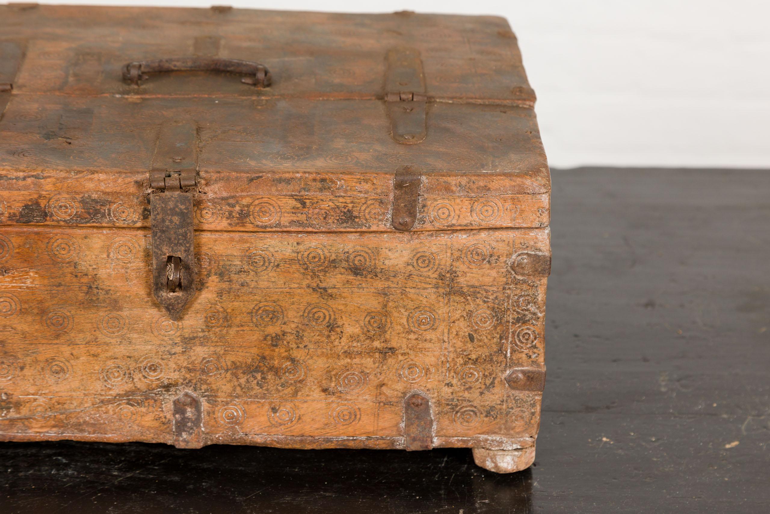 Wood Antique Document Box with Incised Concentric Motifs and Partial Opening Top For Sale