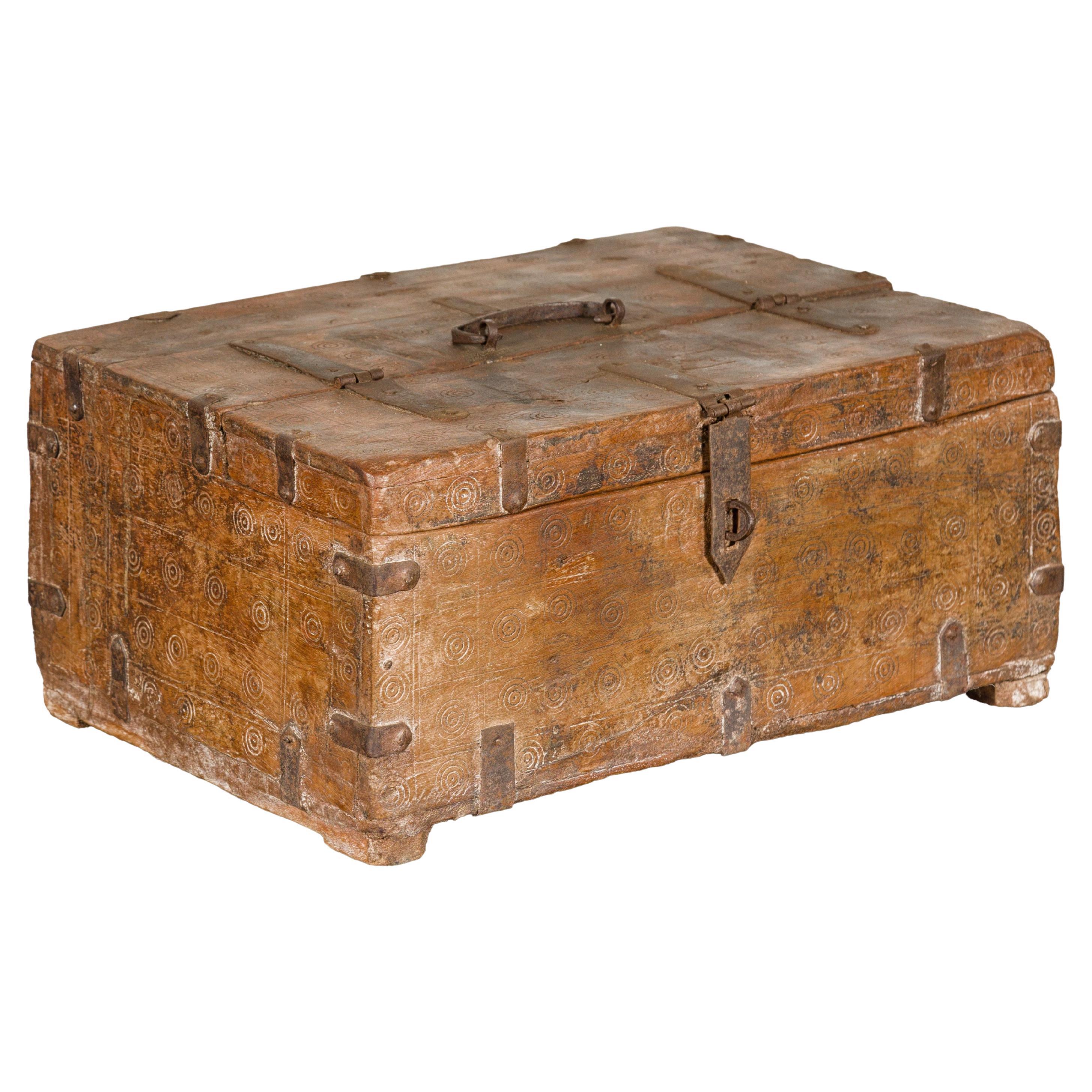 Antique Document Box with Incised Concentric Motifs and Partial Opening Top For Sale