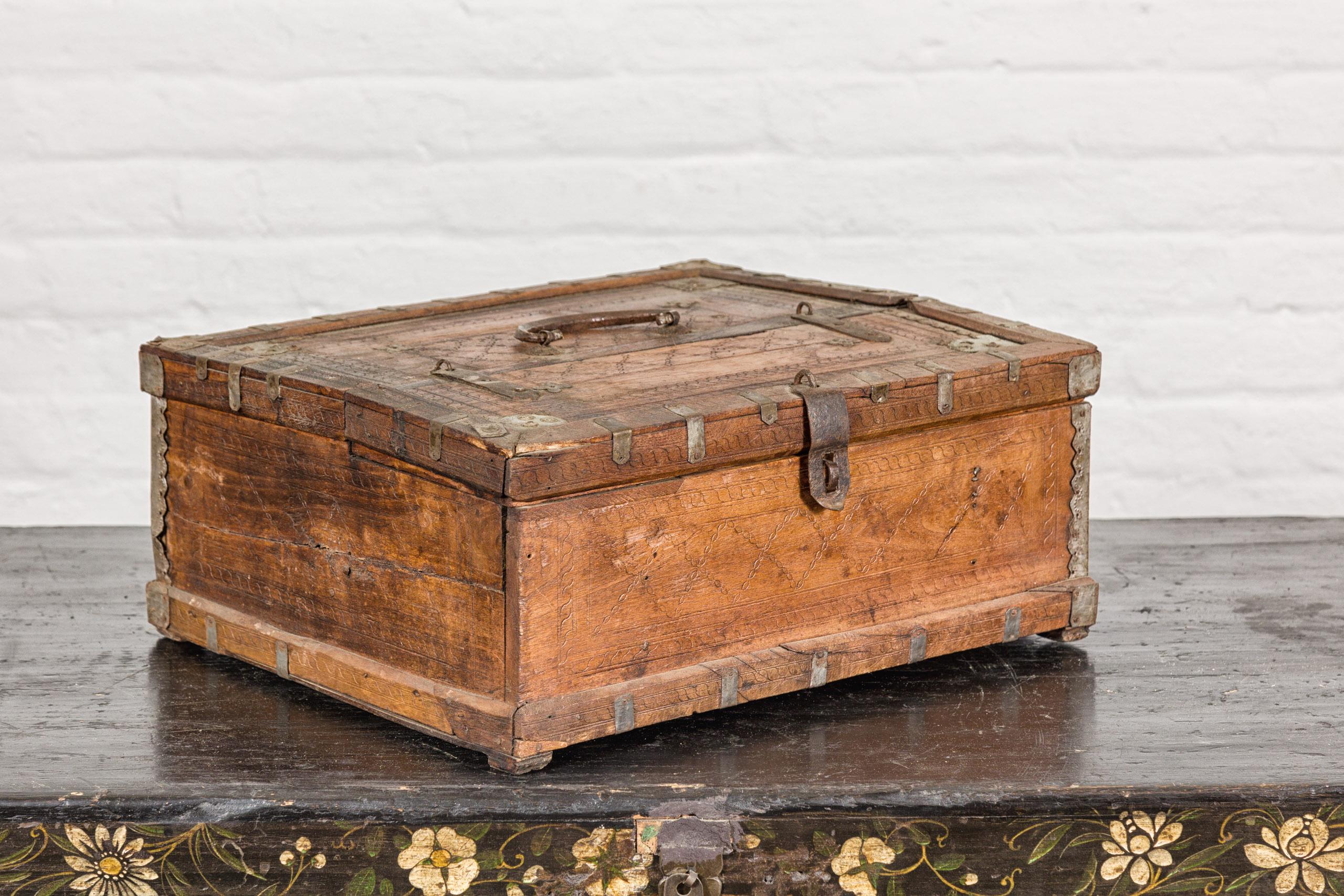 Antique Document Wooden Box with Incised Diamond Motifs and Wave Patterns For Sale 9