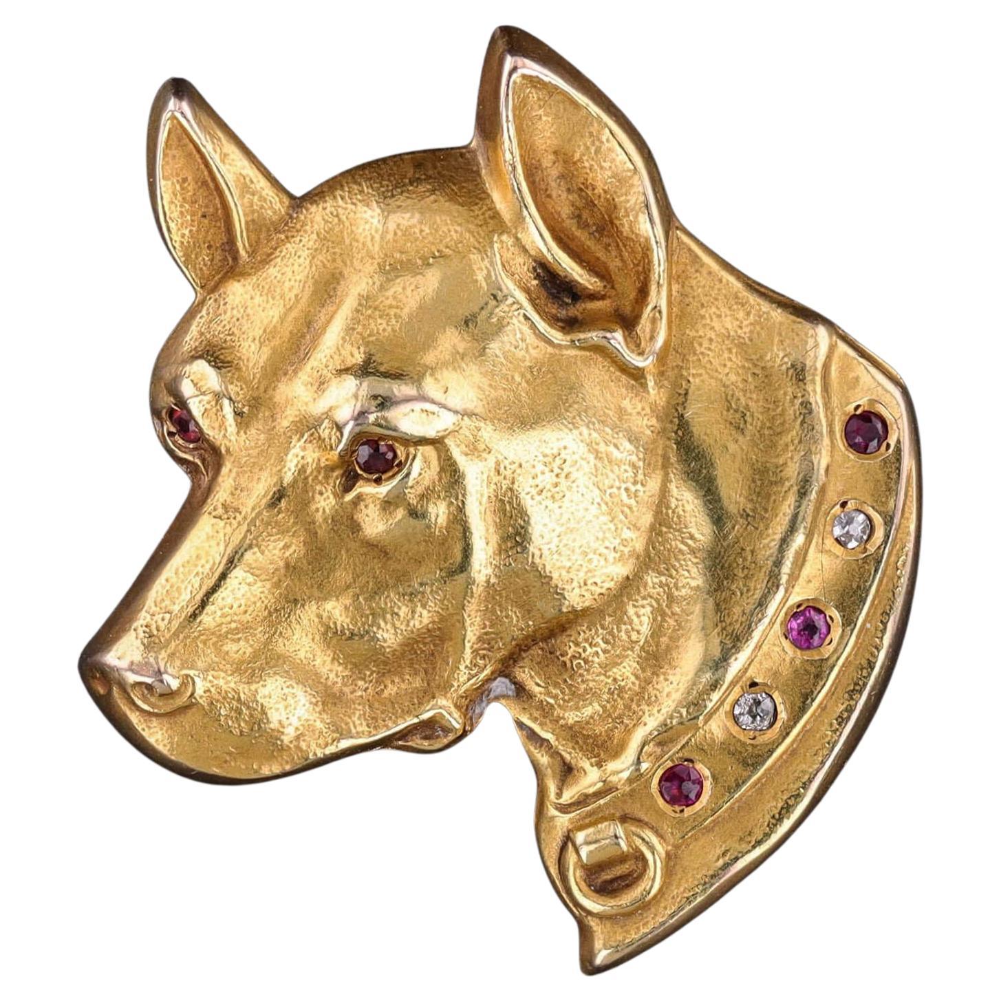 Broche antiguo de perro de oro de 10 quilates