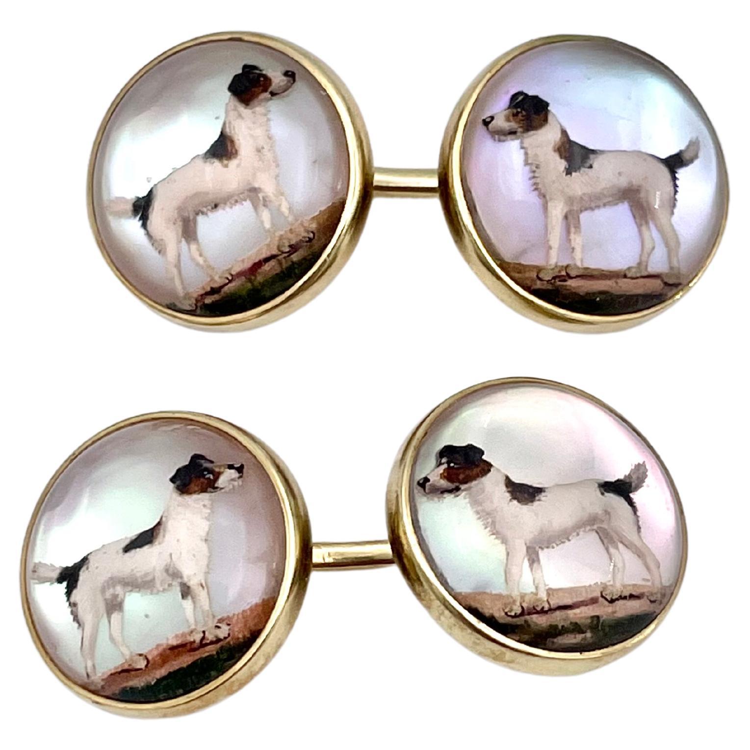 Antike Hunde-Manschettenknöpfe mit umgekehrter Kristall-Emaille-Gold im Angebot