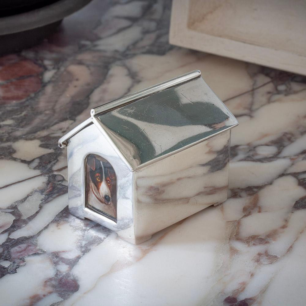 Art Nouveau Antique Dog Kennel Silver and Enamel Vesta Case For Sale