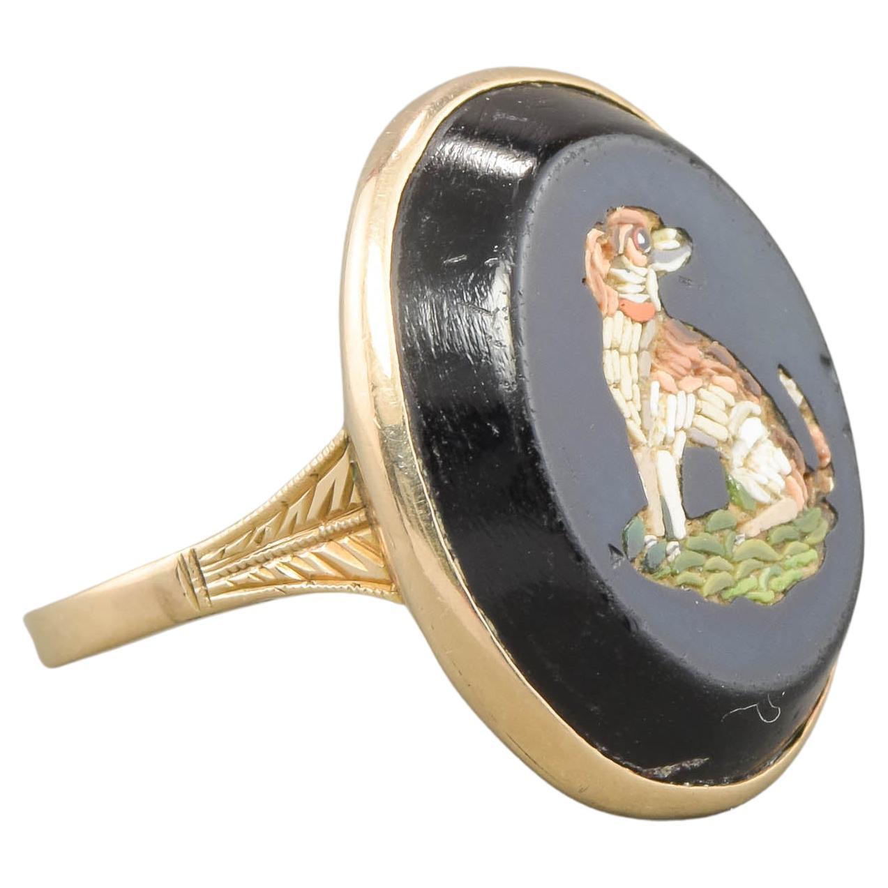 Antique Dog Micro Mosaic Ring in 12K Gold with Engraved Shoulders For Sale