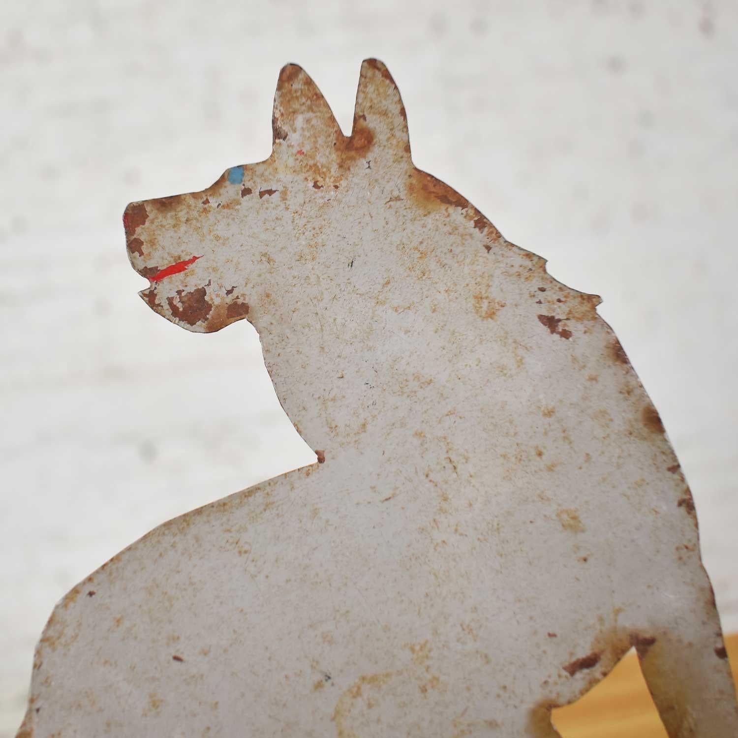 Antique Dog or Wolf Tin Cutout and Painted Folk Art Sculpture on a Wood Base 7