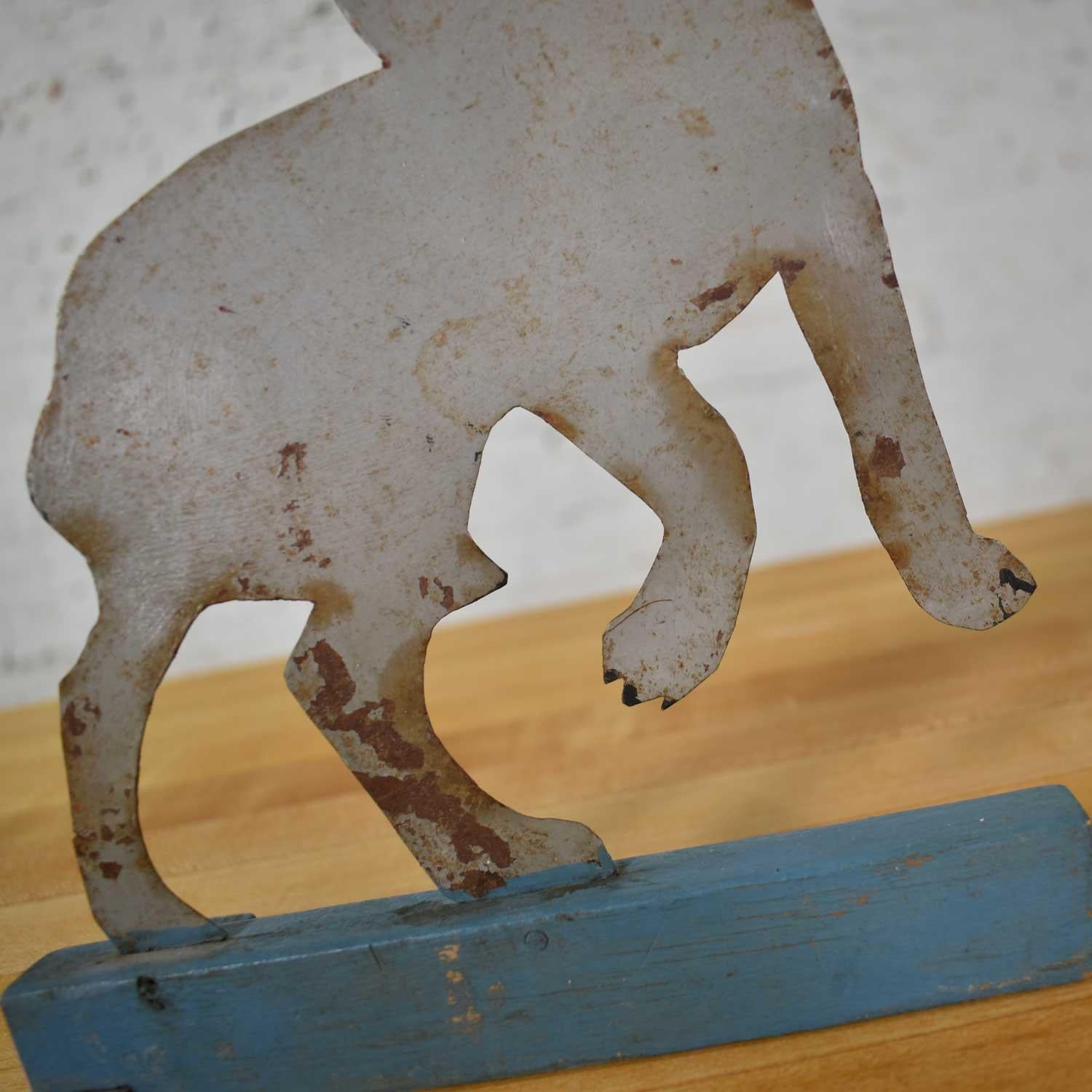 Antique Dog or Wolf Tin Cutout and Painted Folk Art Sculpture on a Wood Base 8