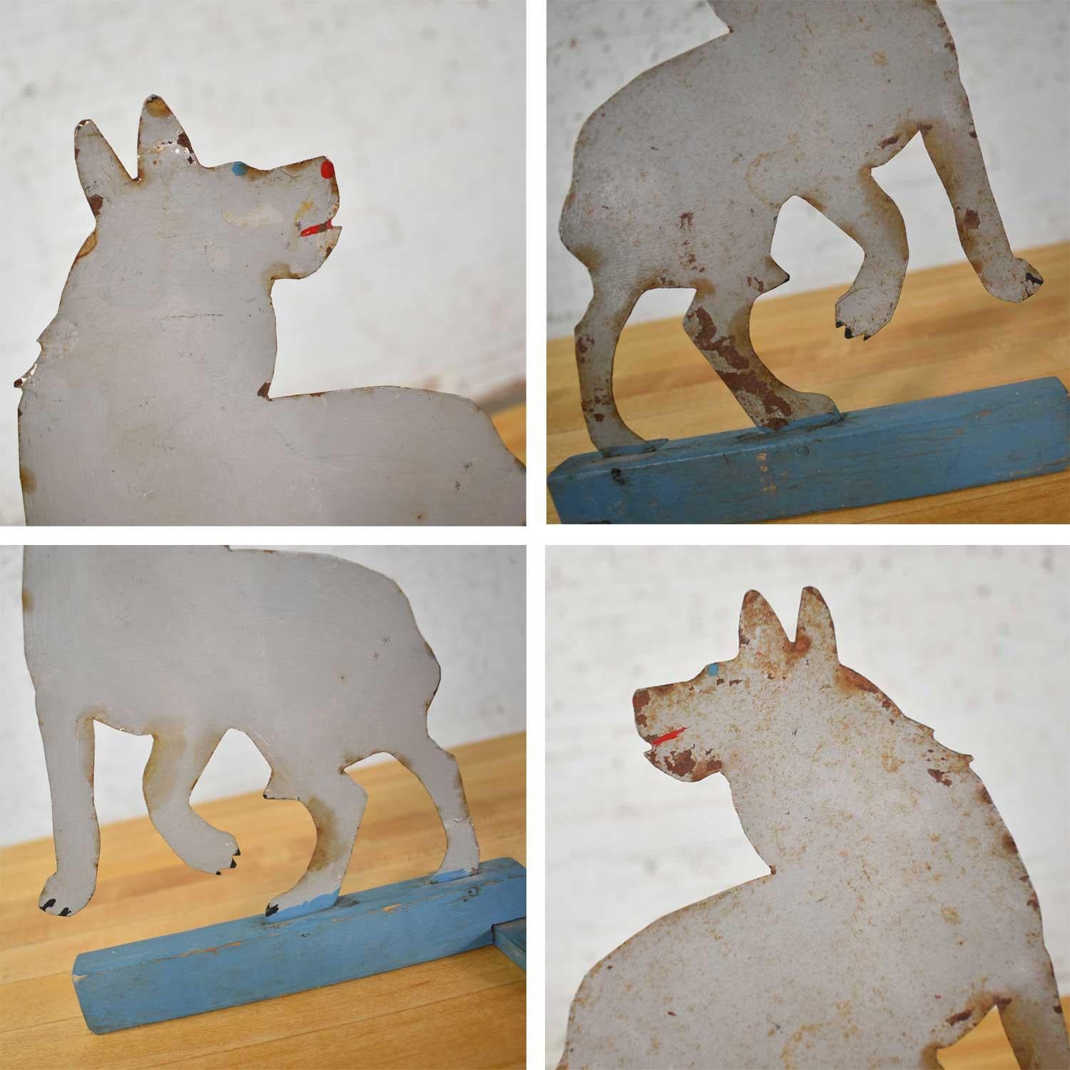 Antique Dog or Wolf Tin Cutout and Painted Folk Art Sculpture on a Wood Base 11