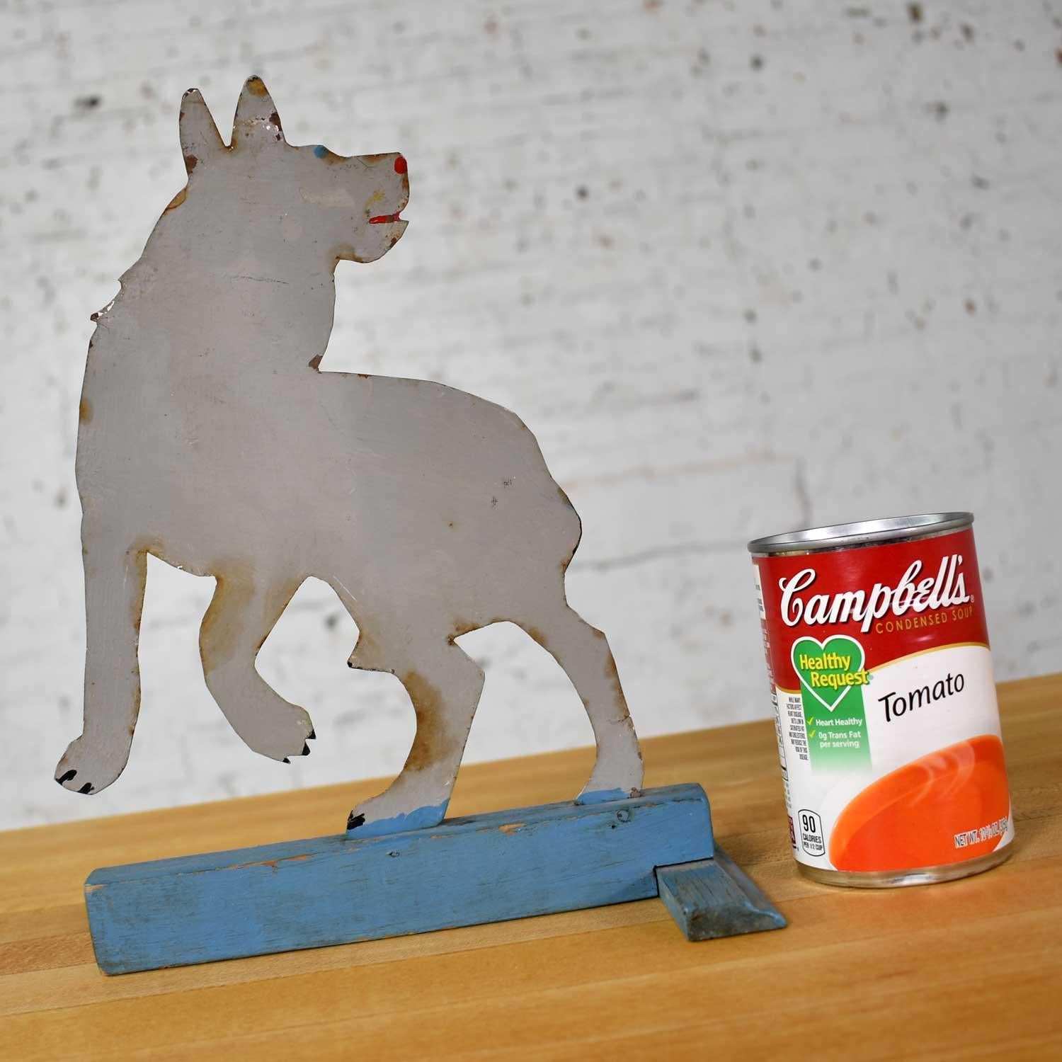 20th Century Antique Dog or Wolf Tin Cutout and Painted Folk Art Sculpture on a Wood Base