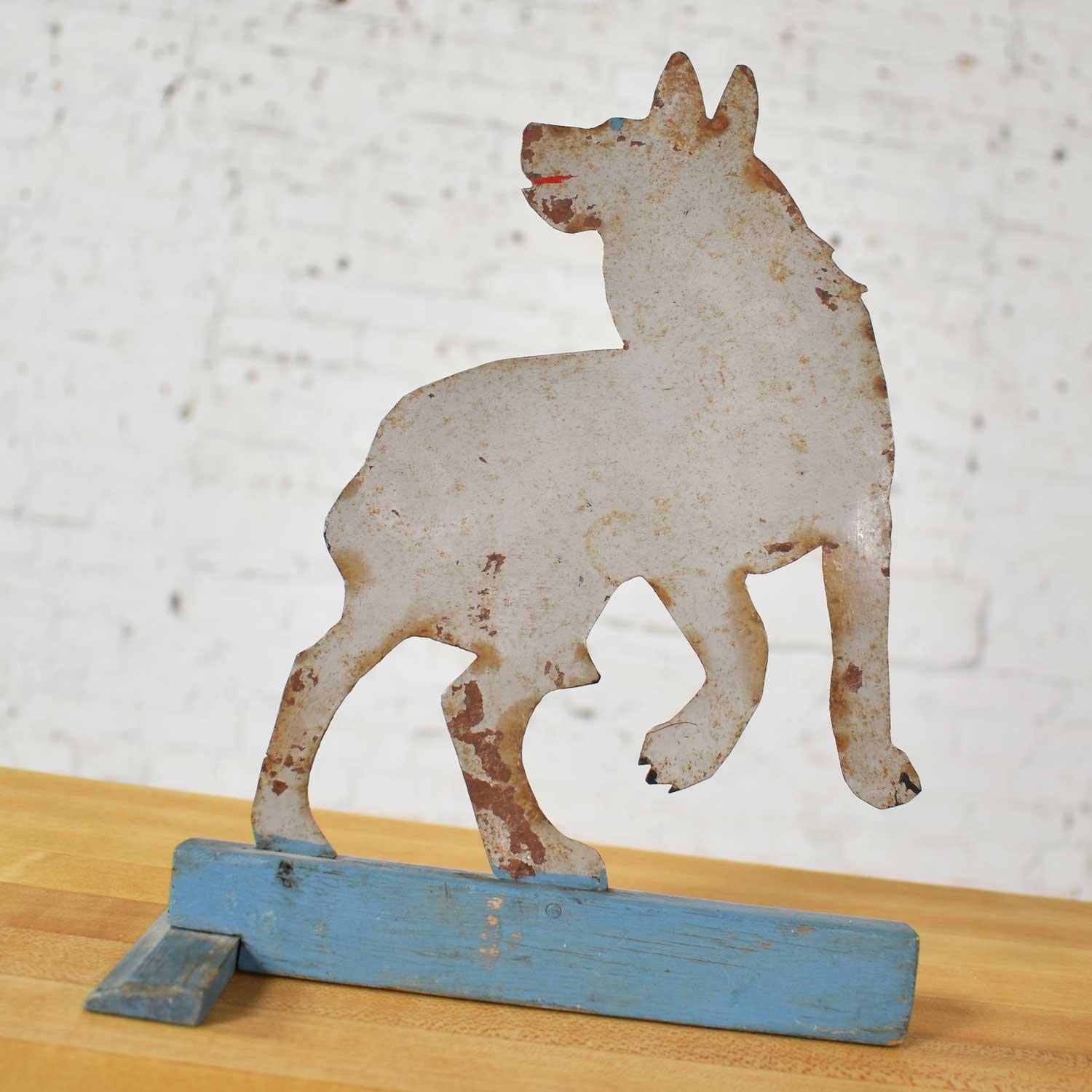 Antique Dog or Wolf Tin Cutout and Painted Folk Art Sculpture on a Wood Base 1
