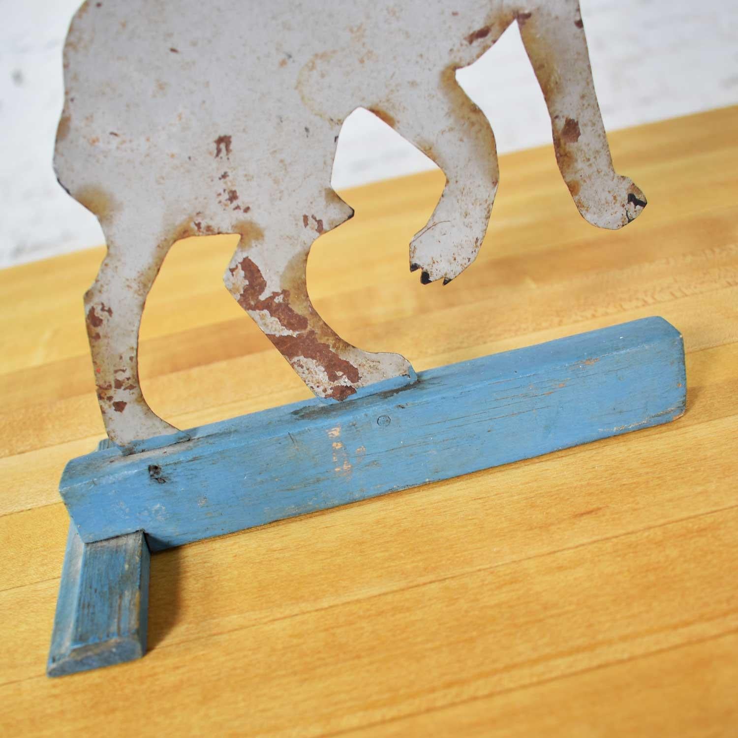 Antique Dog or Wolf Tin Cutout and Painted Folk Art Sculpture on a Wood Base 4