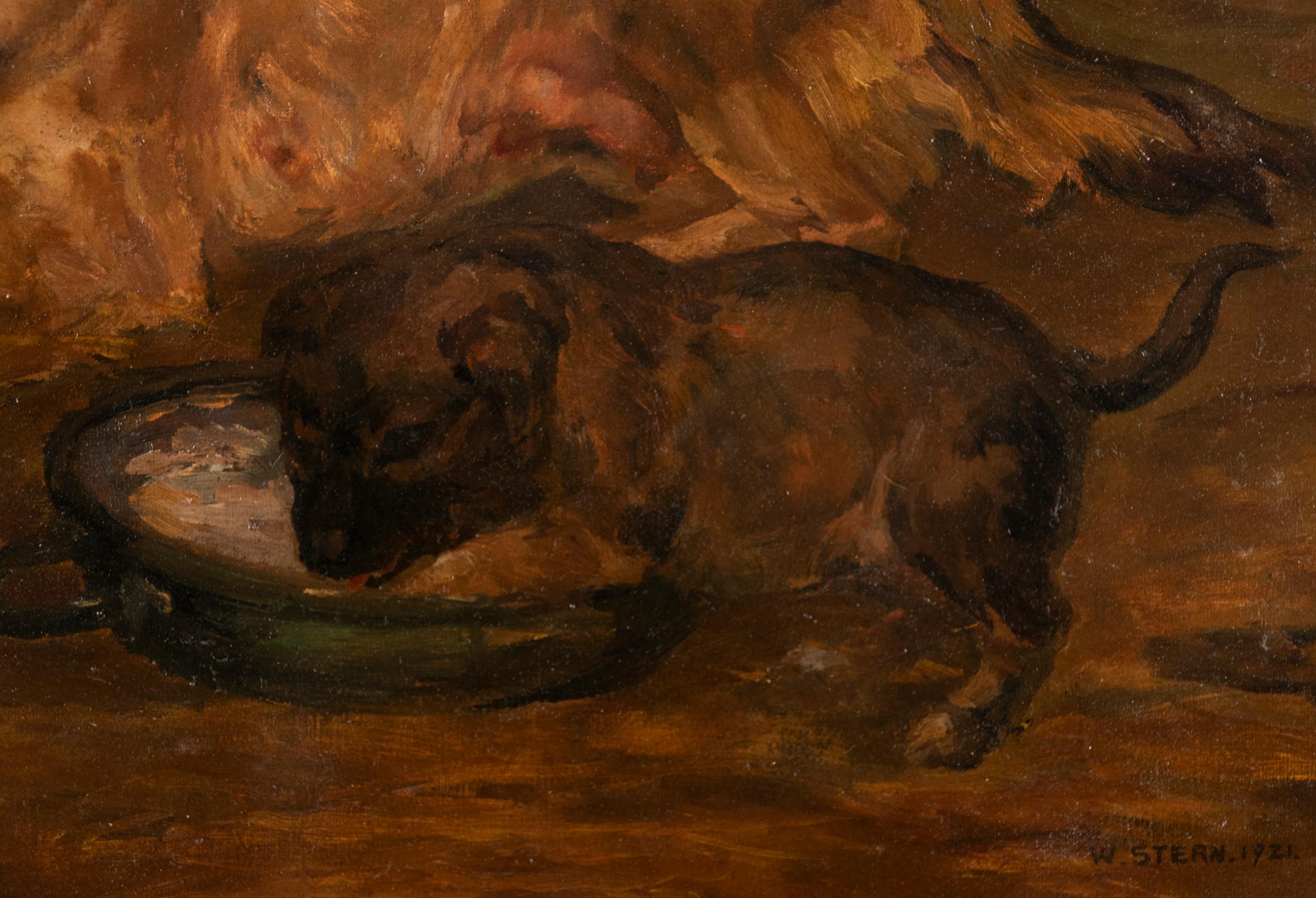 Antikes Hundegemälde von William Stern, datiert 1921, Hirtenhund mit Puppichen im Angebot 2