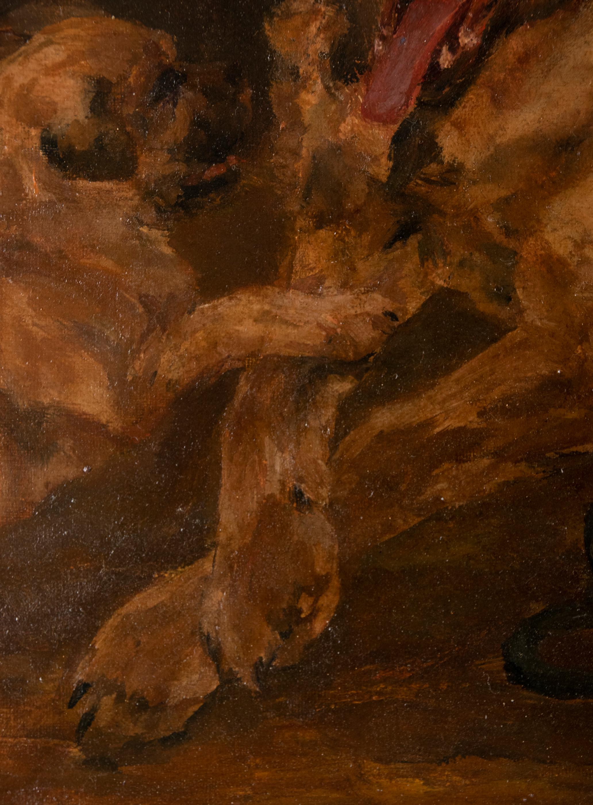 Peinture ancienne d'un chien par William Stern, datée de 1921, chien de berger avec chiots en vente 3