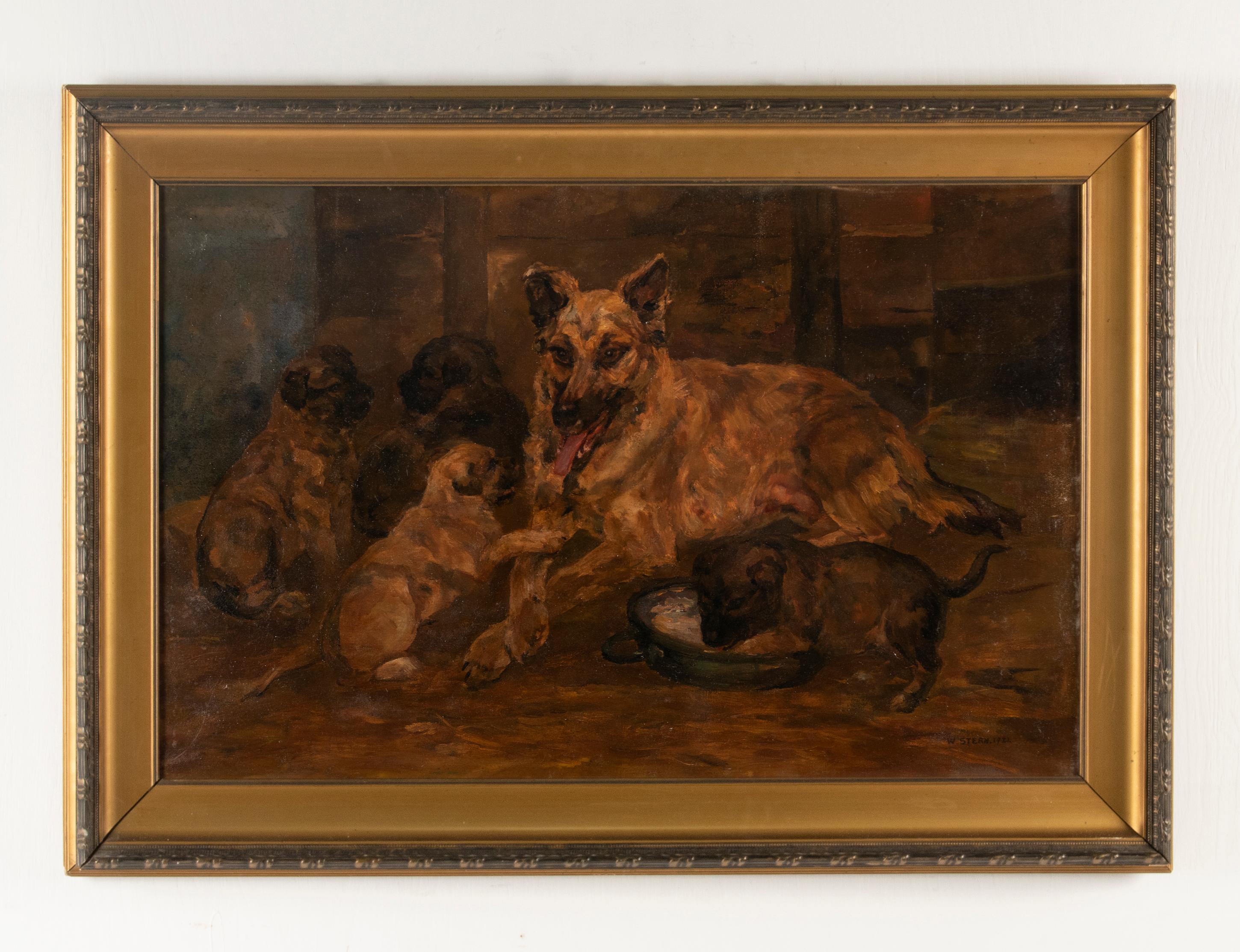 Schönes antikes Gemälde, das einen Malinois (Belgischer Schäferhund) mit seinen Welpen darstellt.
Das Gemälde ist sehr stimmungsvoll, mit schönen Hell-Dunkel-Kontrasten.
Das Gemälde ist in einem schönen vergoldeten Rahmen aus der damaligen Zeit