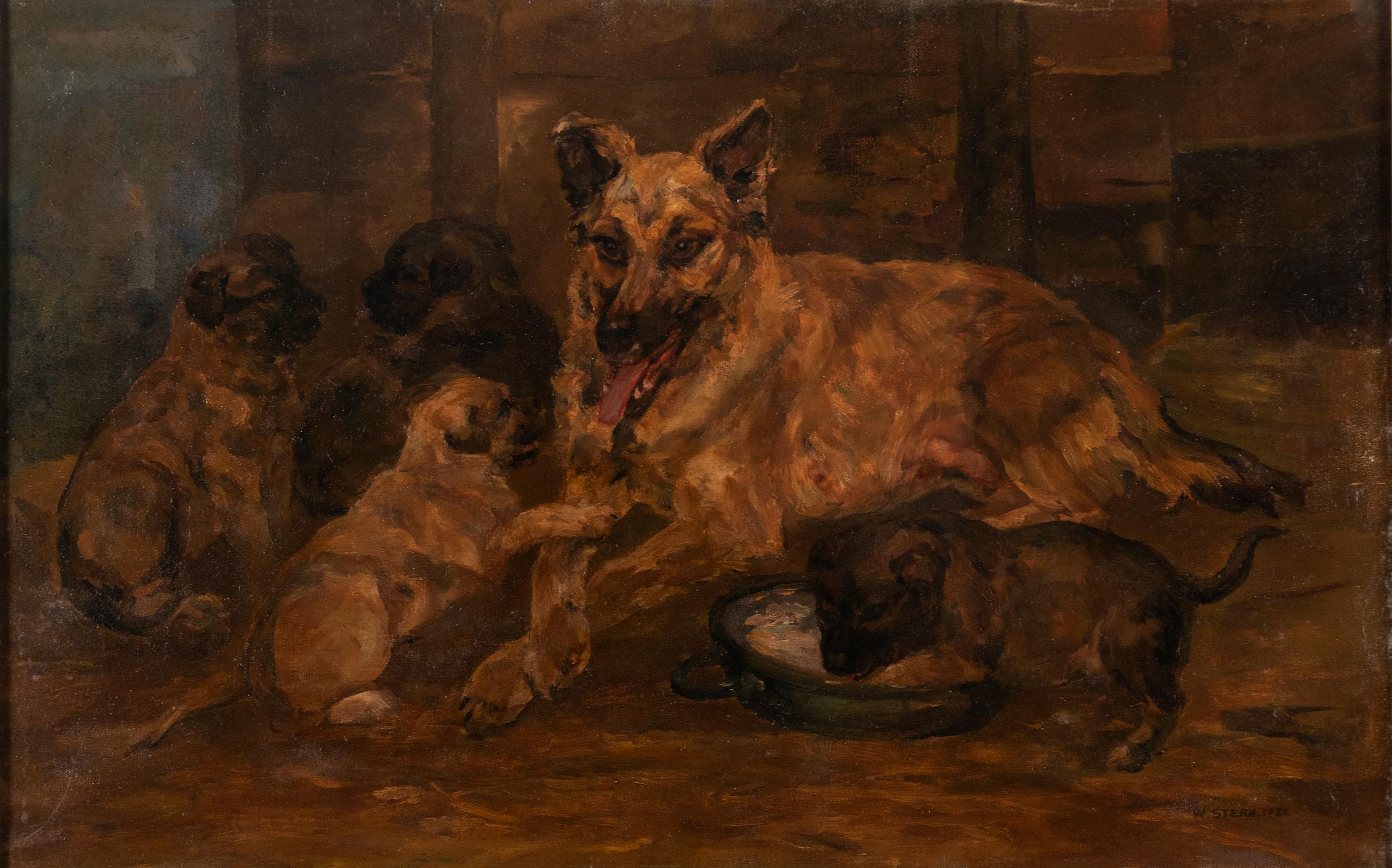 Art Deco Antique Dog Painting by William Stern, Dated 1921, Shepherd Dog with Puppies For Sale