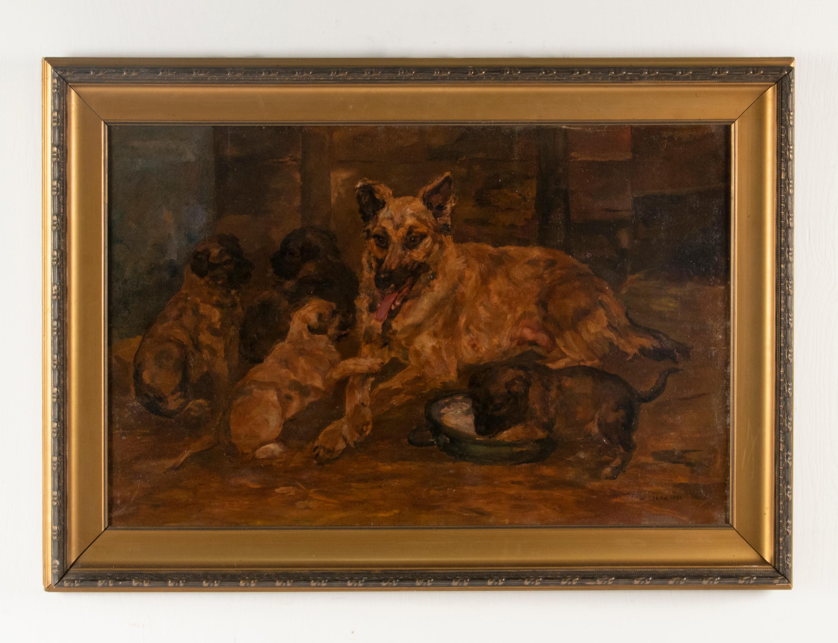 Dutch Antique Dog Painting by William Stern, Dated 1921, Shepherd Dog with Puppies For Sale