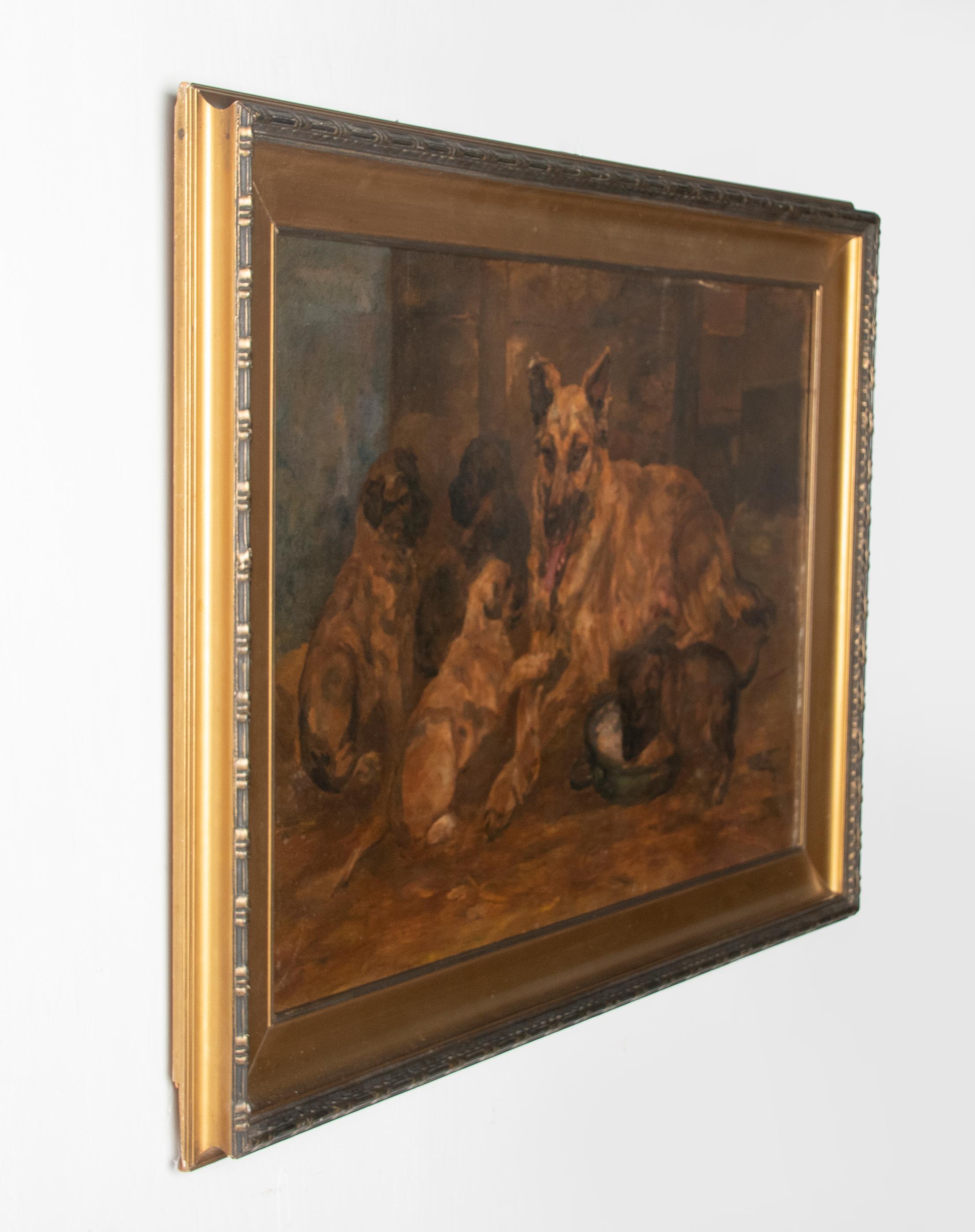 Early 20th Century Antique Dog Painting by William Stern, Dated 1921, Shepherd Dog with Puppies For Sale