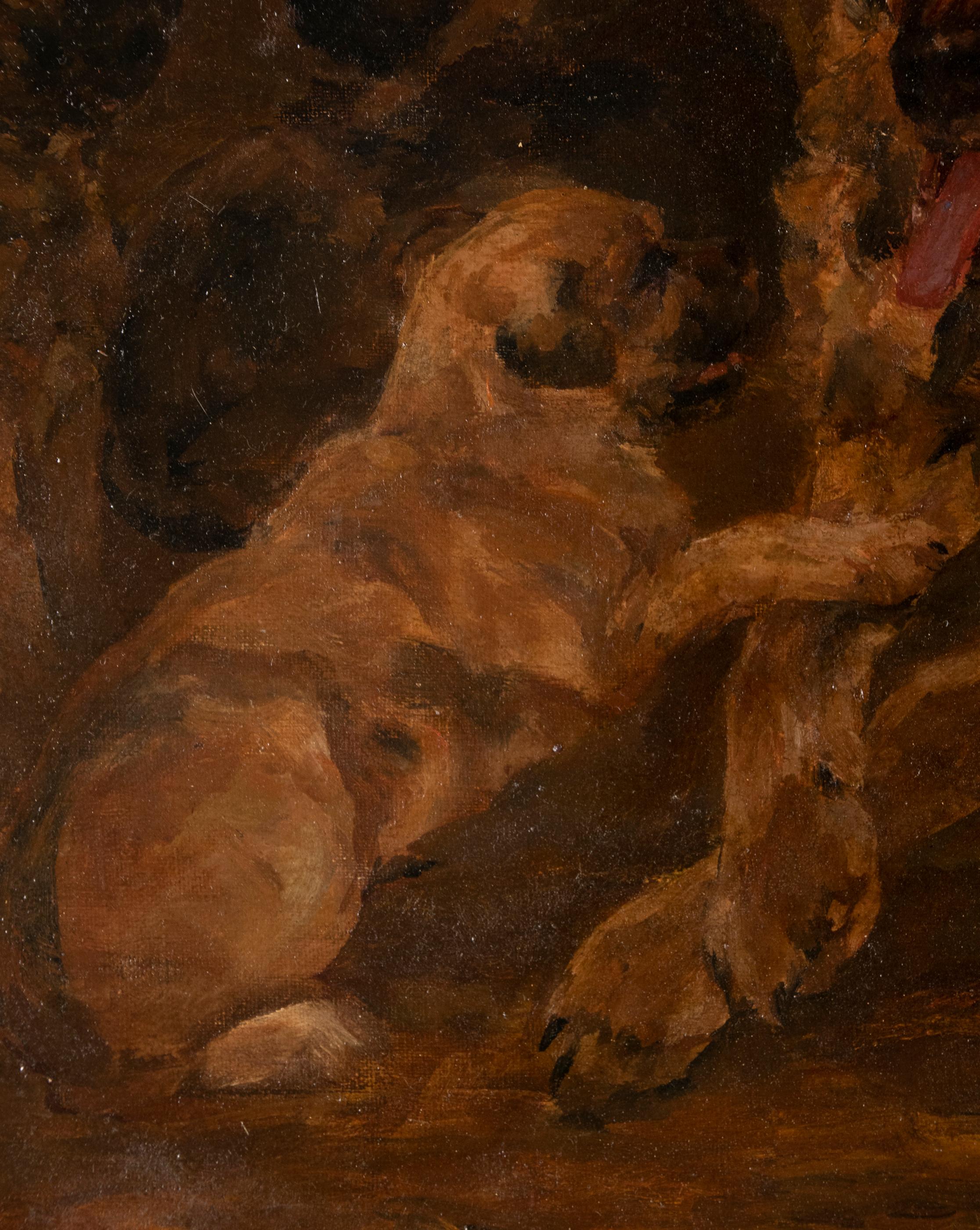 Canvas Antique Dog Painting by William Stern, Dated 1921, Shepherd Dog with Puppies For Sale