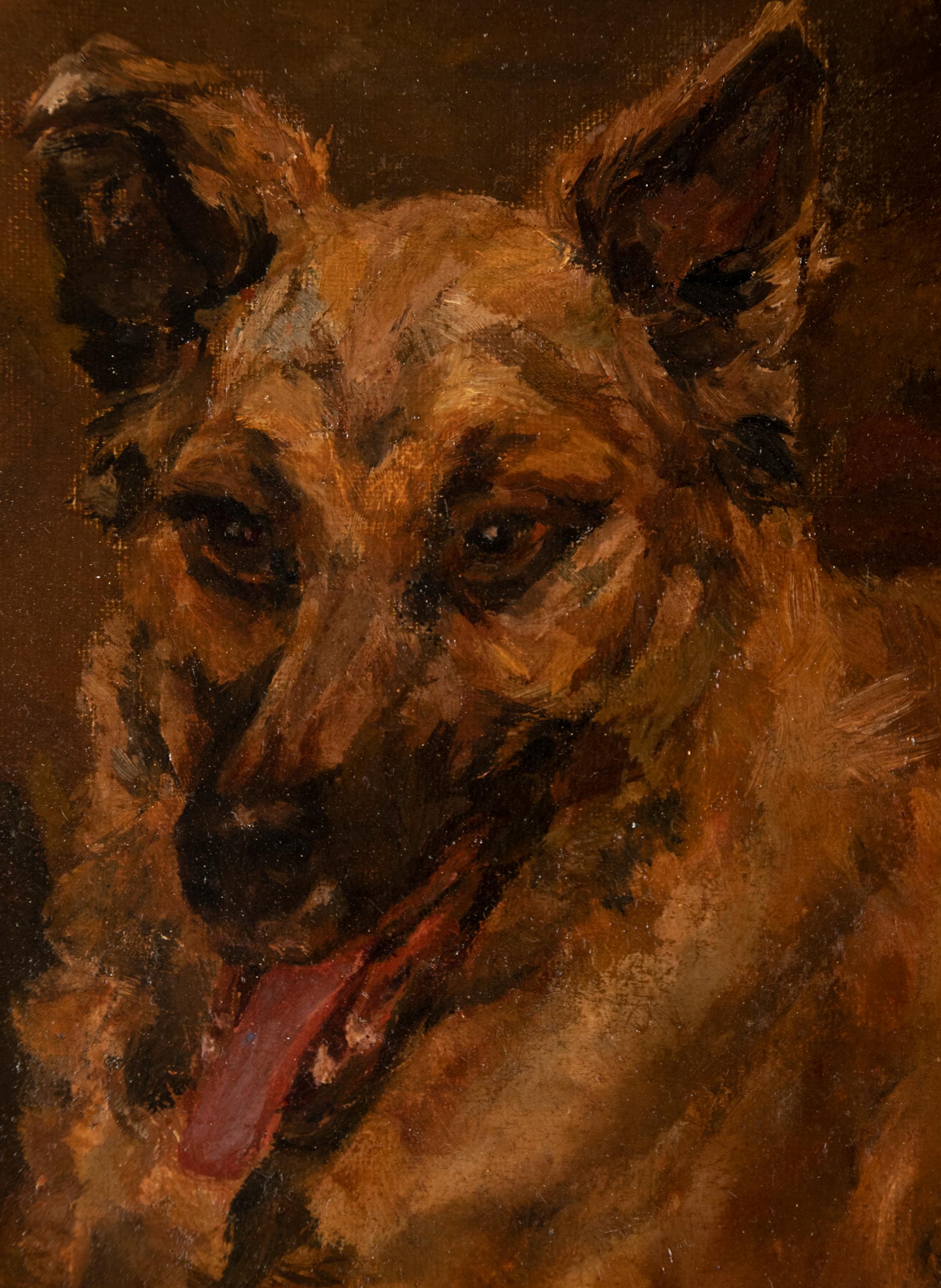 Début du 20ème siècle Peinture ancienne d'un chien par William Stern, datée de 1921, chien de berger avec chiots en vente