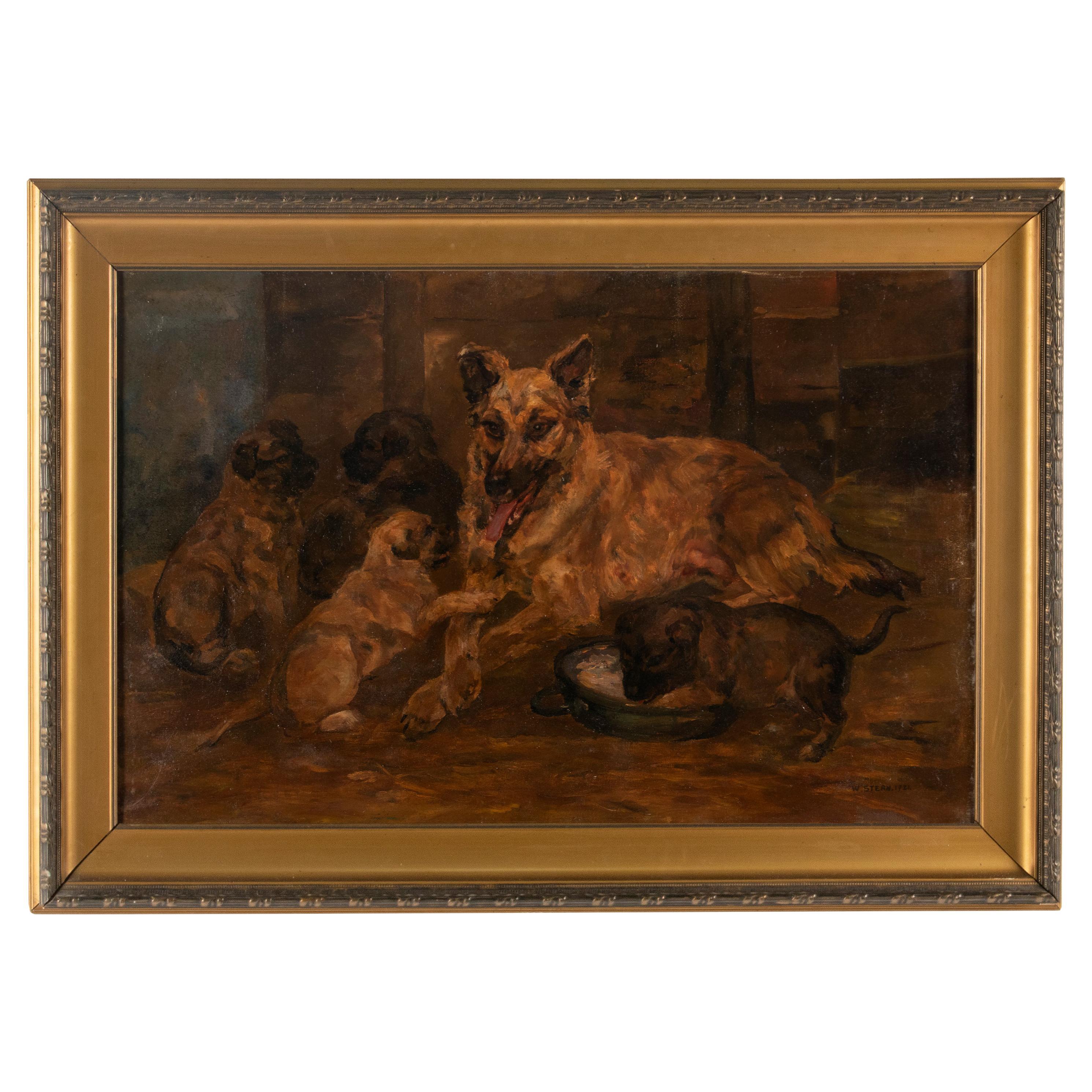Peinture ancienne d'un chien par William Stern, datée de 1921, chien de berger avec chiots en vente