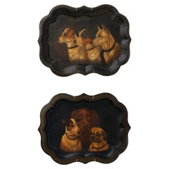 Peintures anciennes de chiens sur plateaux en tôle, prix individuel