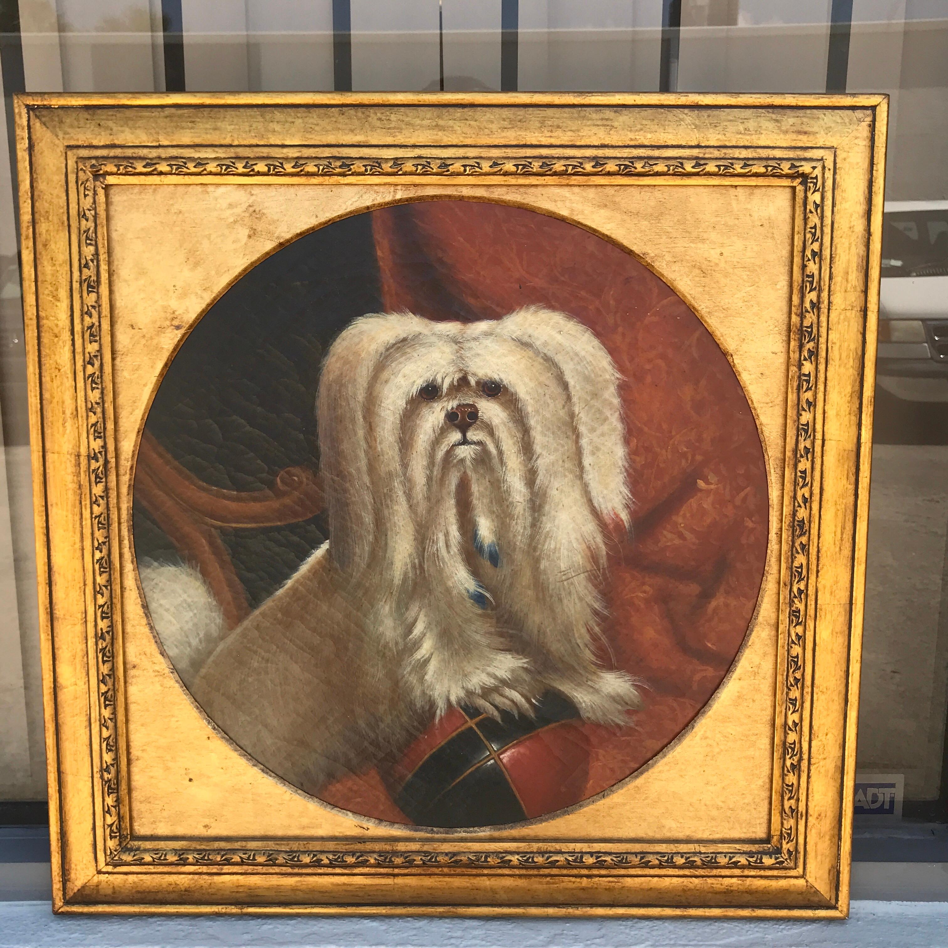 Antique dog portrait, Maltese with a bocce ball. Finely painted interior scene of a upright Maltese standing in a bocce ball on a chair, Unsigned
Oil on Canvas 22
