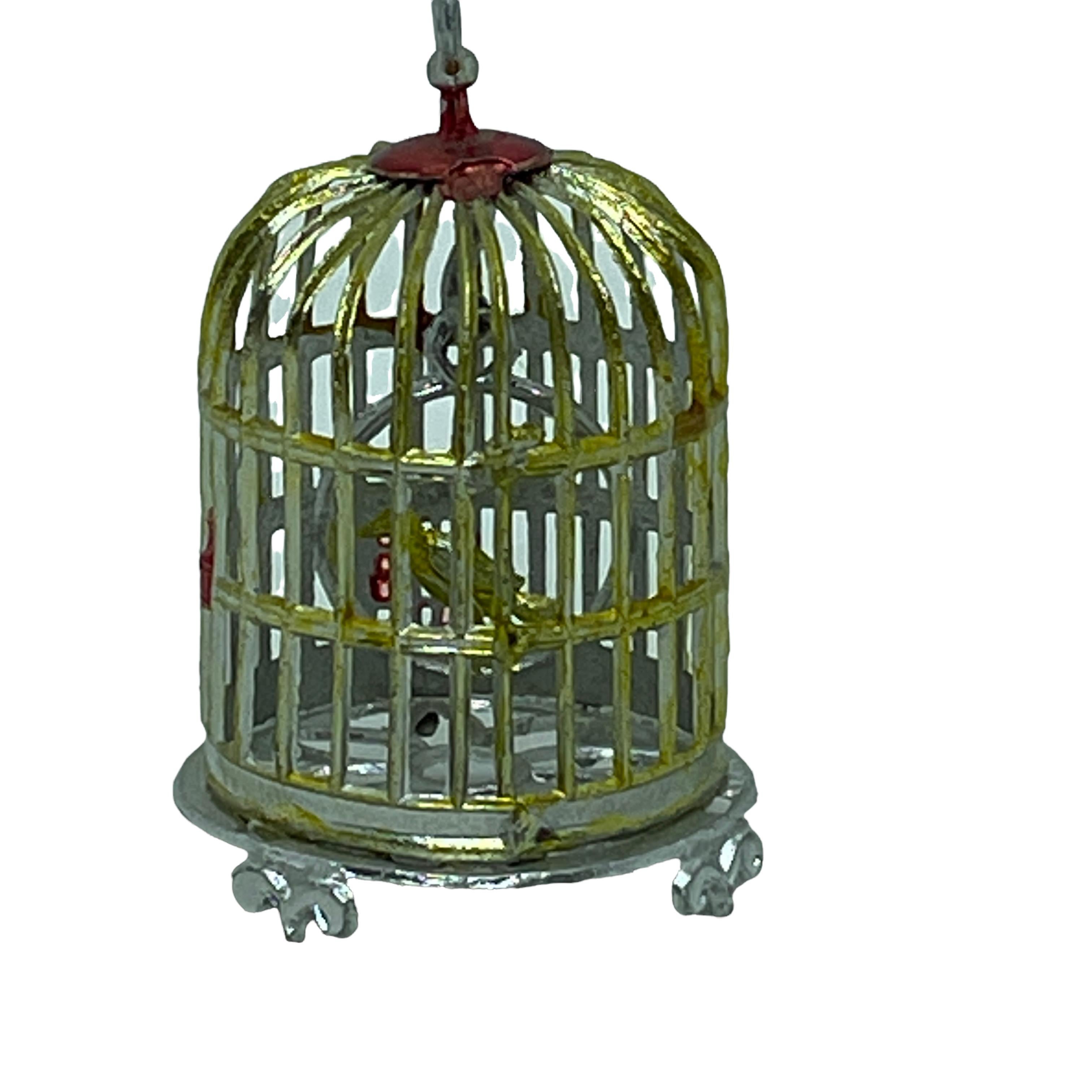 Early 20th Century Antique Dollhouse Pewter Bird Cage with Bird, By Babette Schweizer, Germany For Sale