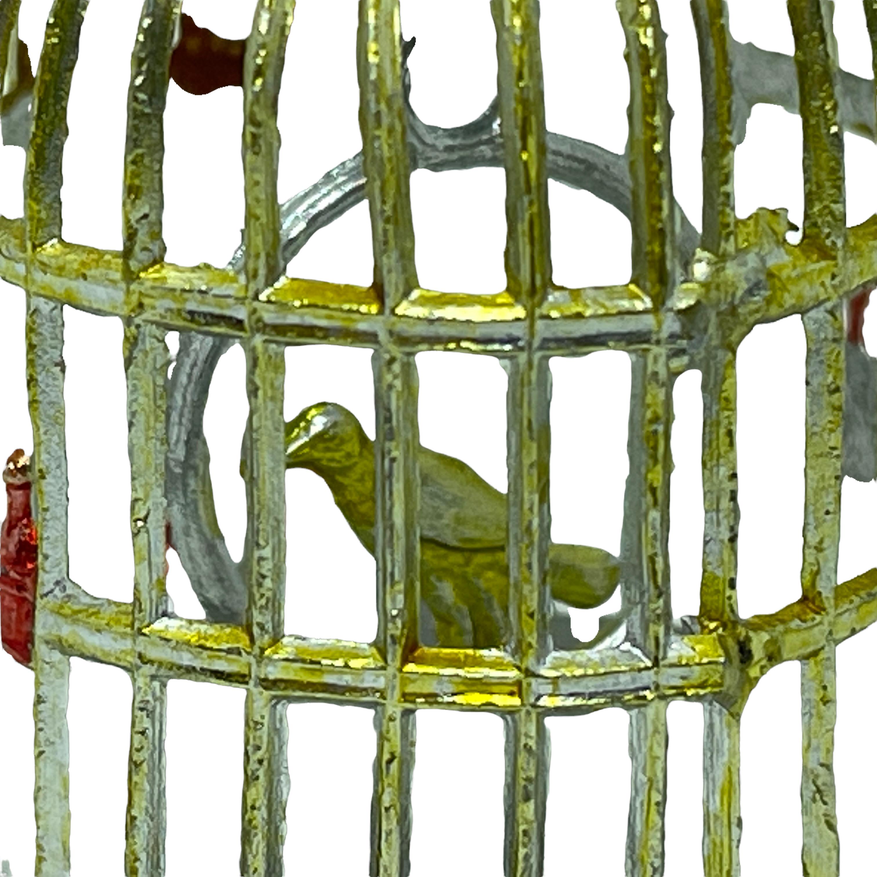 Glass Antique Dollhouse Pewter Bird Cage with Bird, By Babette Schweizer, Germany For Sale