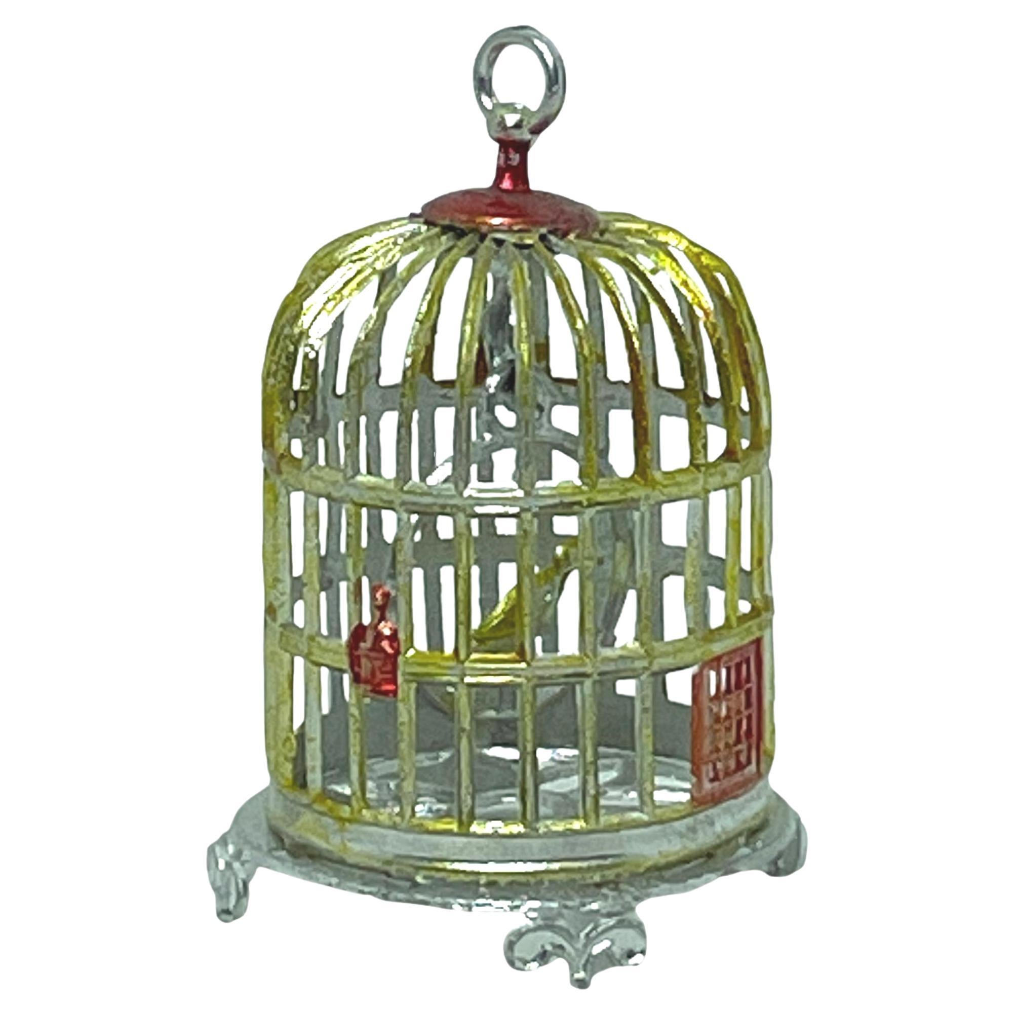 Antique Dollhouse Pewter Bird Cage with Bird, By Babette Schweizer, Germany For Sale