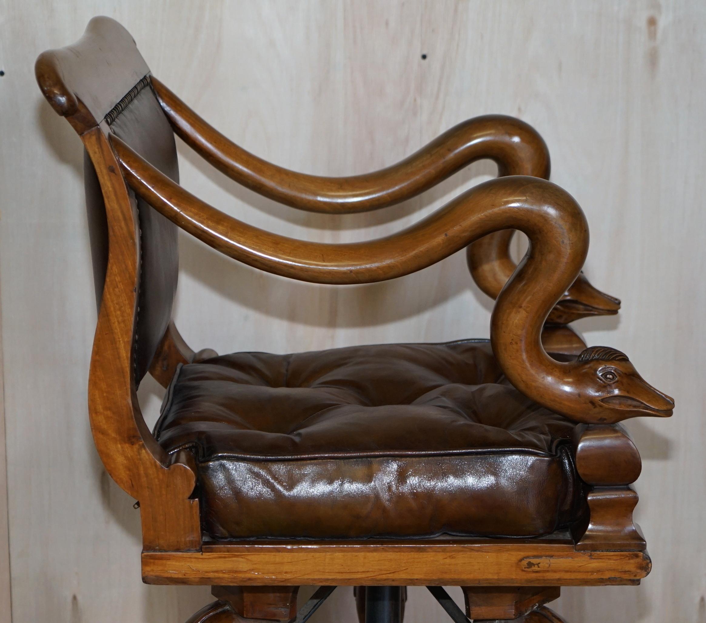 Antique Dolphin Arm Venetian Grotto Swivel Brown Leather Chesterfield Armchair For Sale 8