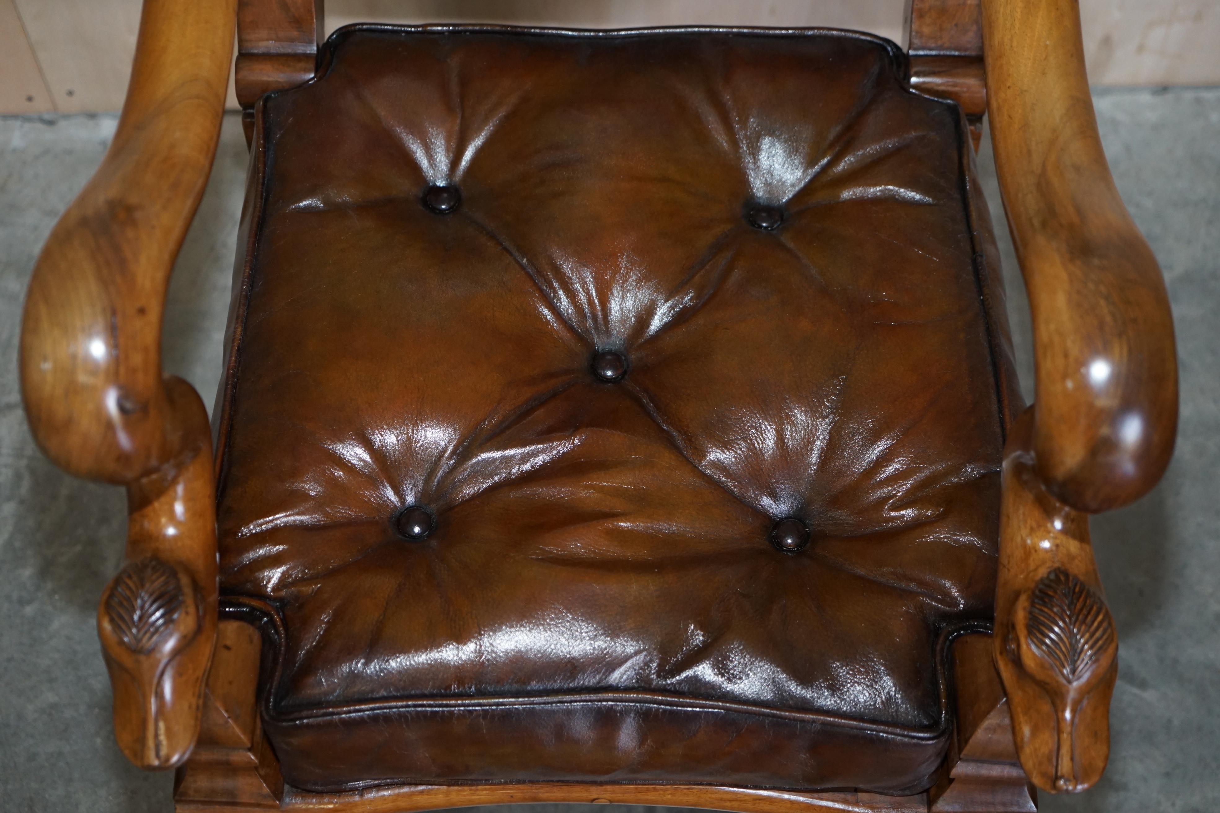 Mid-19th Century Antique Dolphin Arm Venetian Grotto Swivel Brown Leather Chesterfield Armchair For Sale