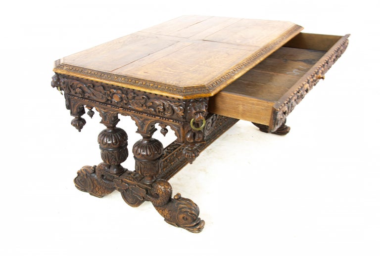 Antique Dolphin Desk Victorian Carved Tiger Oak Table France